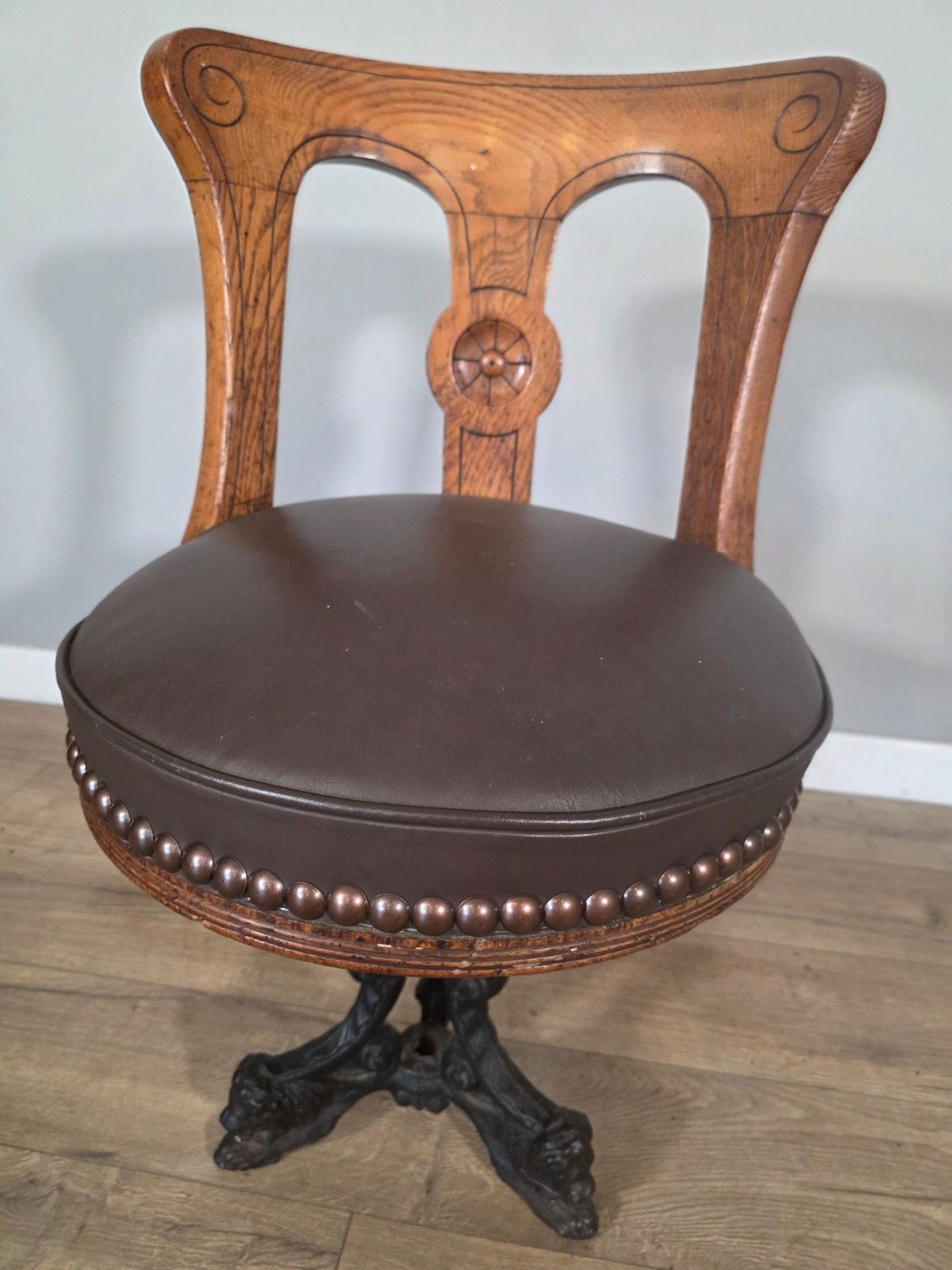 Furniture Antique 1890s Cast Iron & Oak Upholstered Ships Chair photo