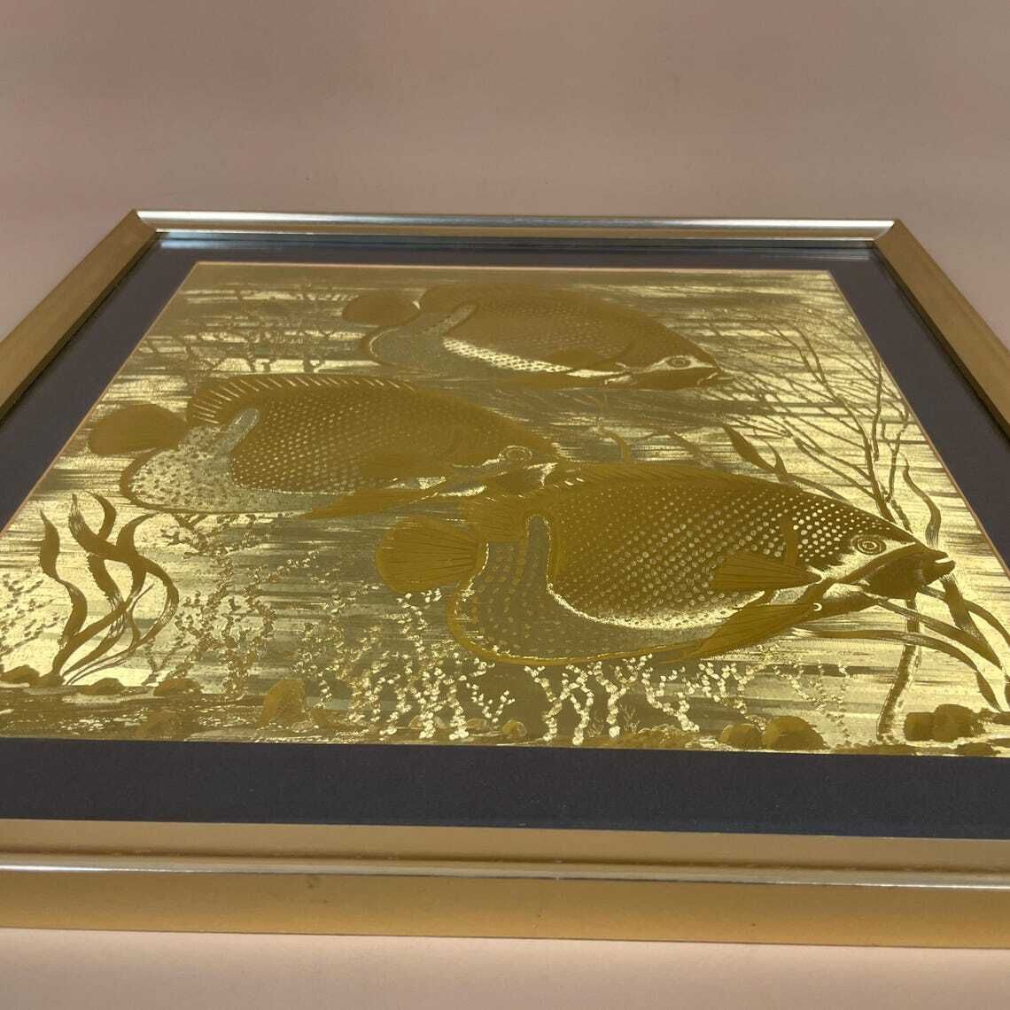 Vintage Gold Embossed Foil Metal Fish Art Framed Tropical Sea Life By J. Hardelin Retro Metallic Wall Art Ocean Theme Etched Metal Framed photo buy