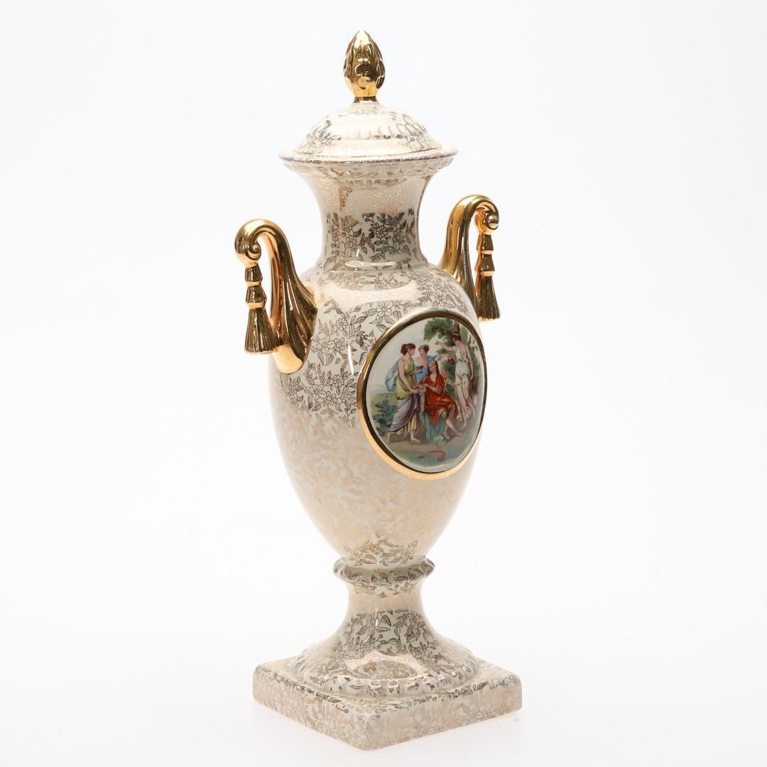 photo for sale Porcelain Urn Large Empire England Classical Scene And Gold Gilt Handles Vase