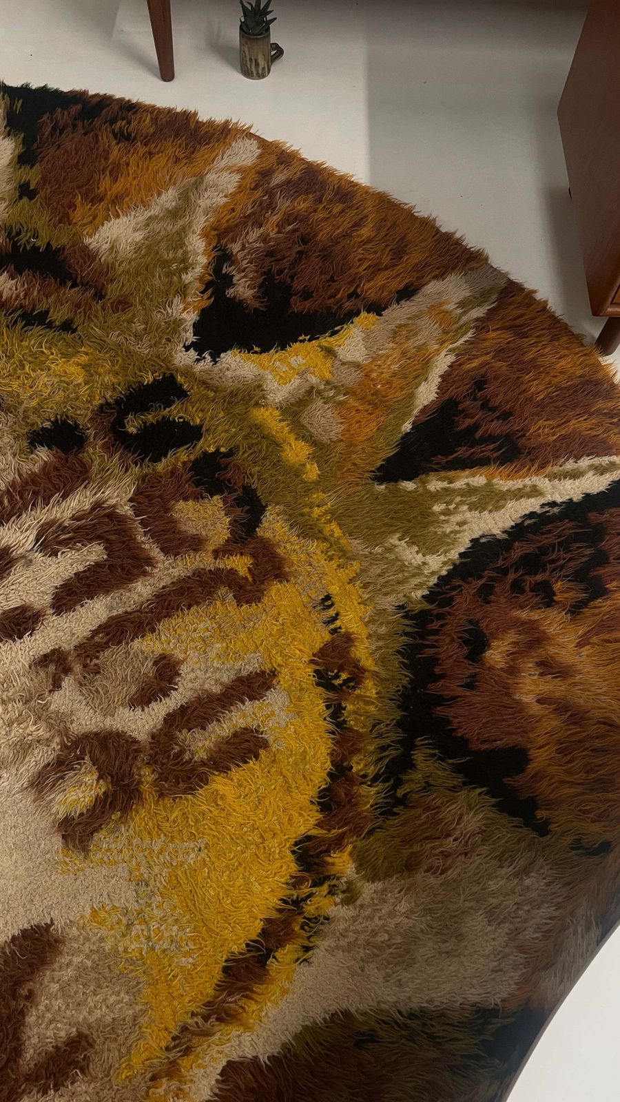 1970s Round Shaggy Rya Rug In Brown Cream Mustard photo for sale