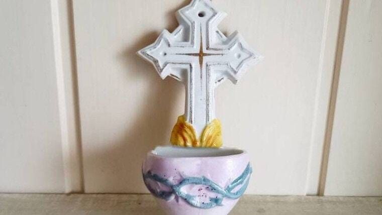 Faience Holy Water Font Stoup Sacred Heart Vintage French photo furniture