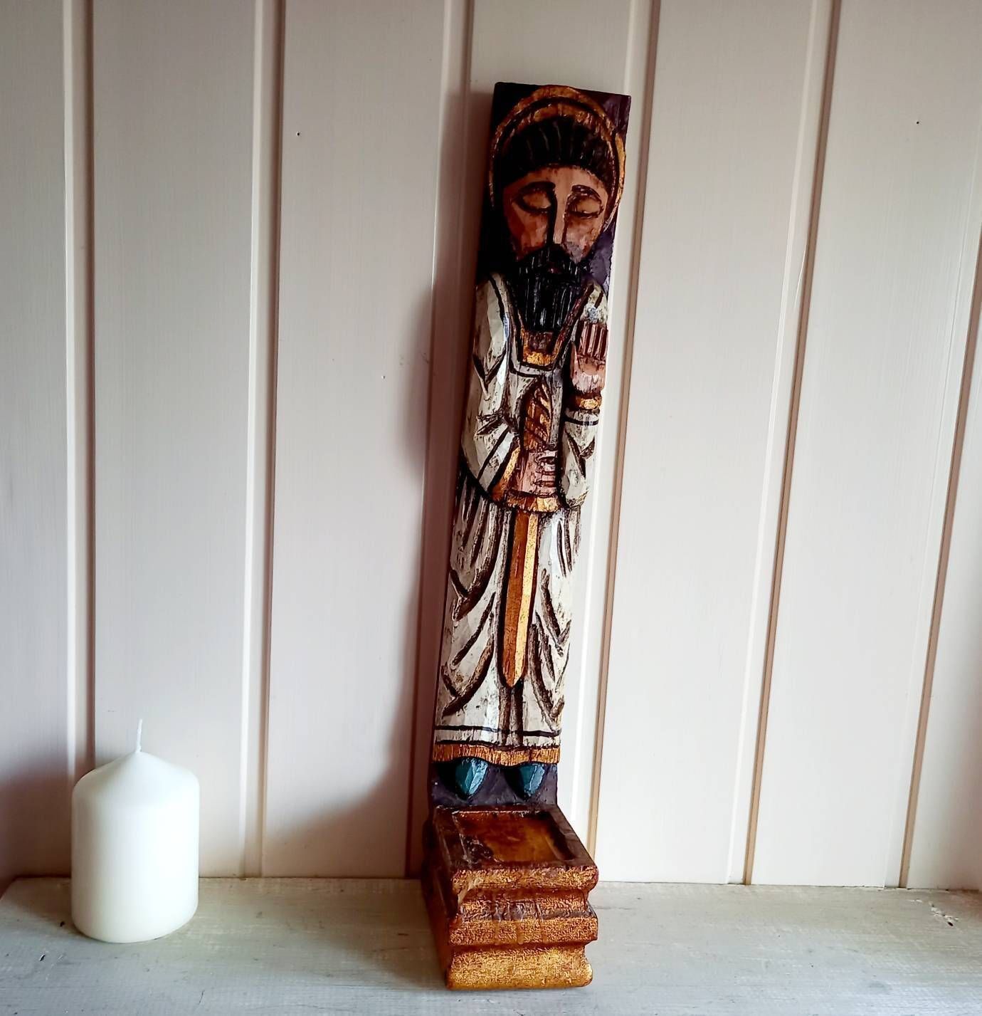 Candle Holder Saint Statue Carved Wood Sconce photo for sale