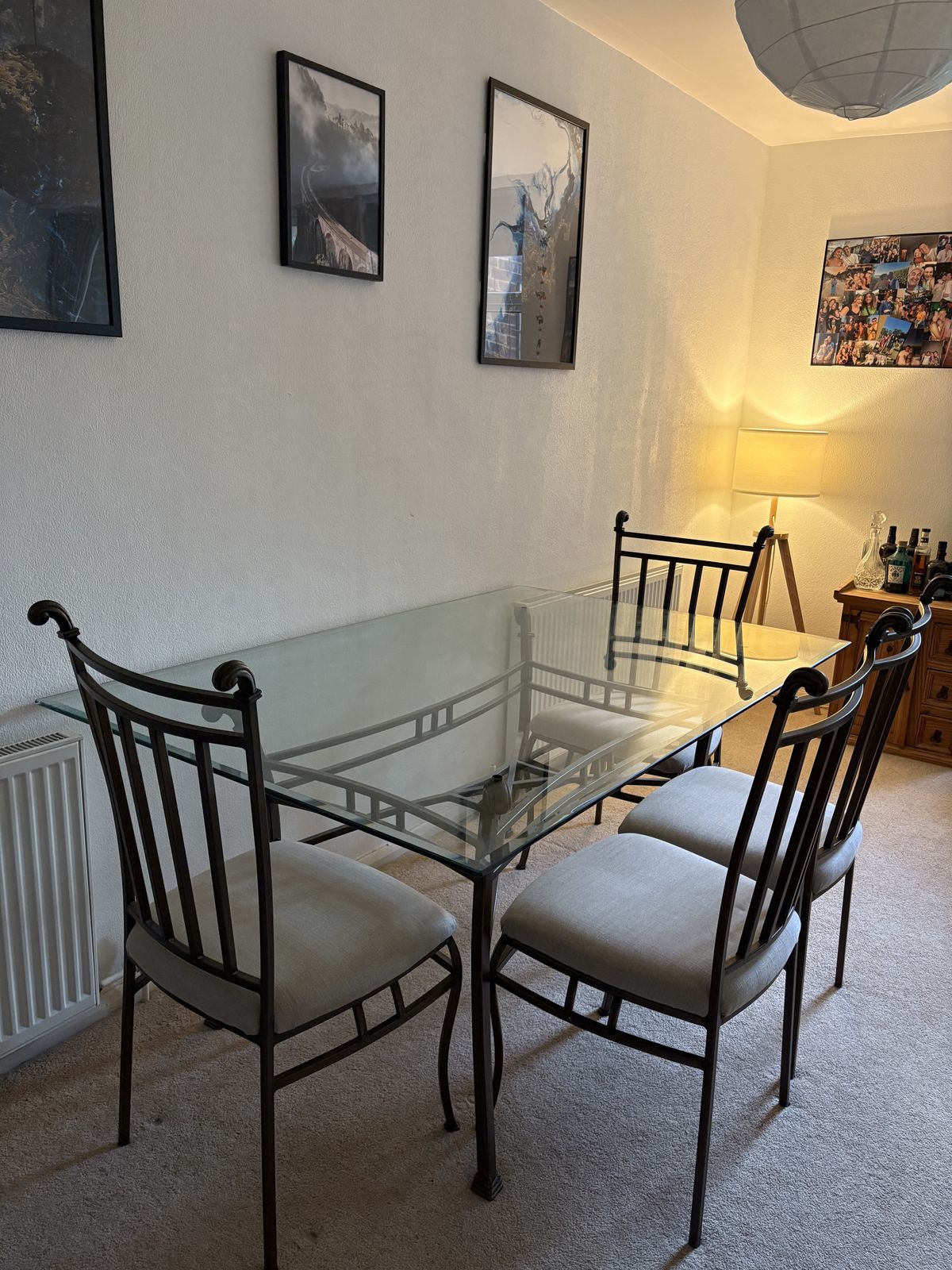 Modern Glass Dining Table With 6 Upholstered Chairs (Brass Tone Frame, Contemporary Luxe, Mid Century Inspired)