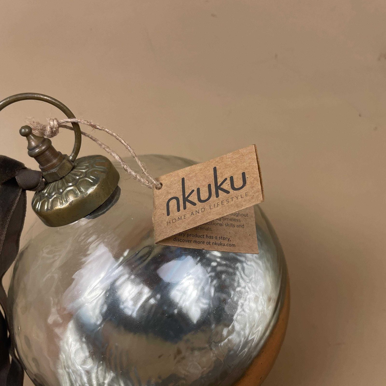 Nkuku Nevasa Glass Giant Bauble Round Clear & Antique Copper Christmas Decoration Eco Friendly Rustic Ornament Holiday Home Decor Gift photo Home Decor