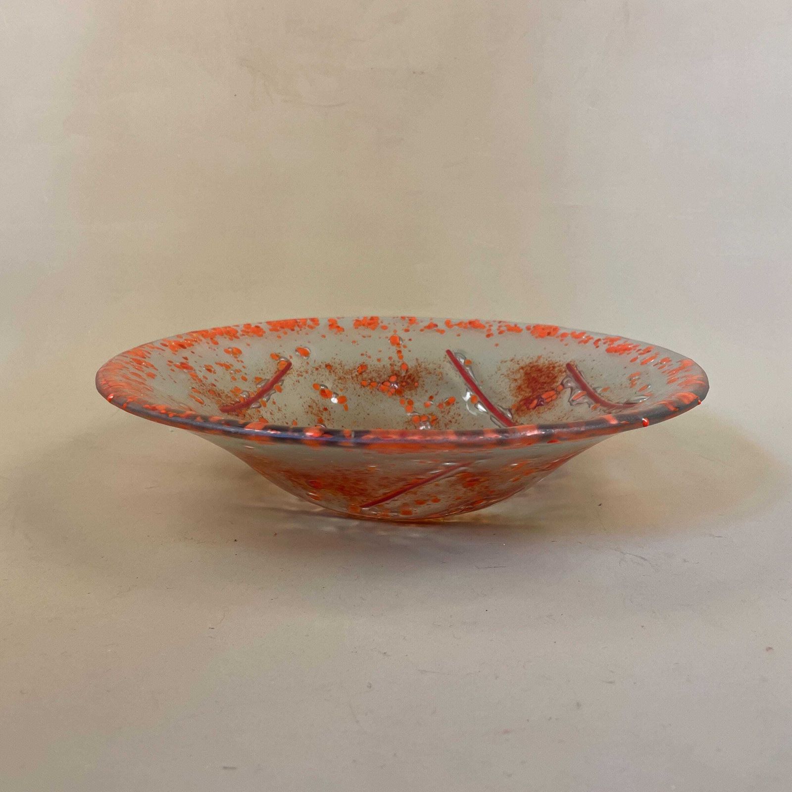 Contemporary Art Glass Bowl Hand Blown Orange Red Splatter Decorative Centrepiece Display Bowl Modern Abstract Fused Glass Studio Piece photo for sale