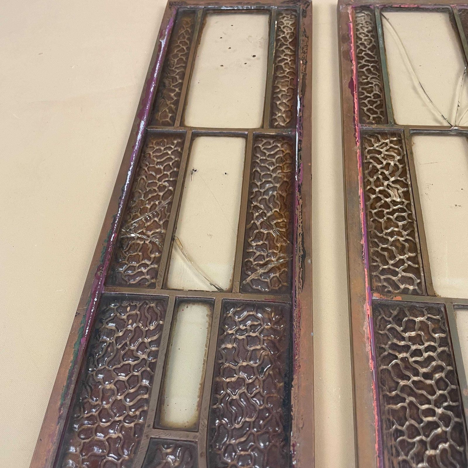 Antique Metal Glass Panels Set Of Four Art Nouveau Gothic Architectural Grilles Beveled Inserts Vintage Door Window Furniture Salvage Copper photo 125.0