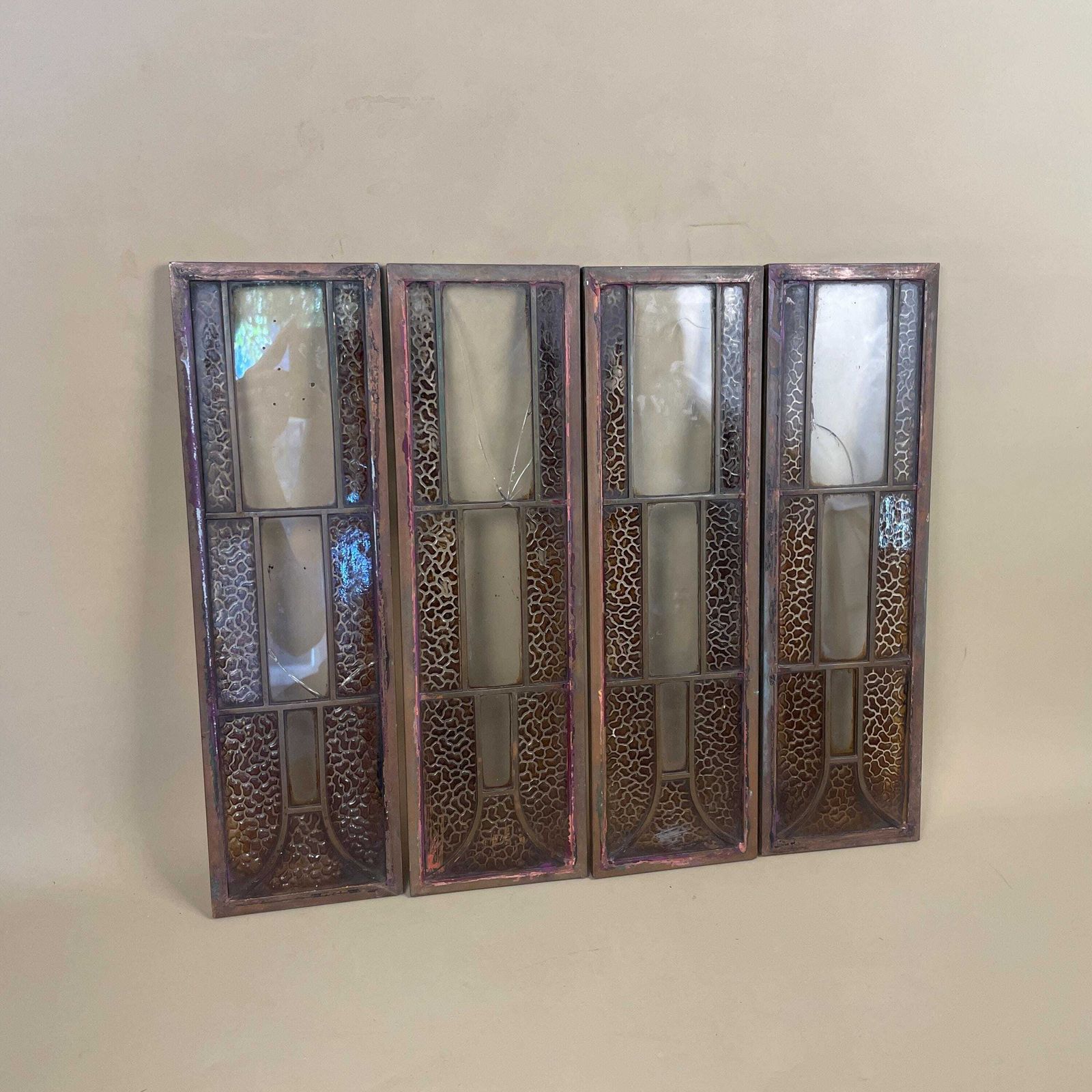photo furniture Antique Metal Glass Panels Set Of Four Art Nouveau Gothic Architectural Grilles Beveled Inserts Vintage Door Window Furniture Salvage Copper