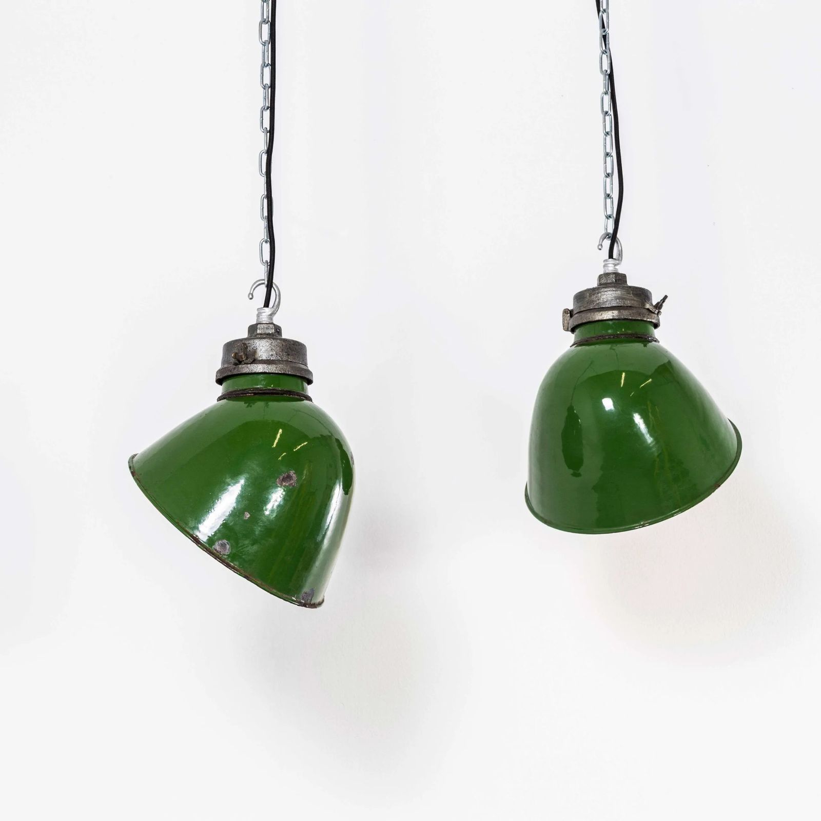 1940’s Racing Green Cast Top Gec Enamelled Pendant Lamps – Pair