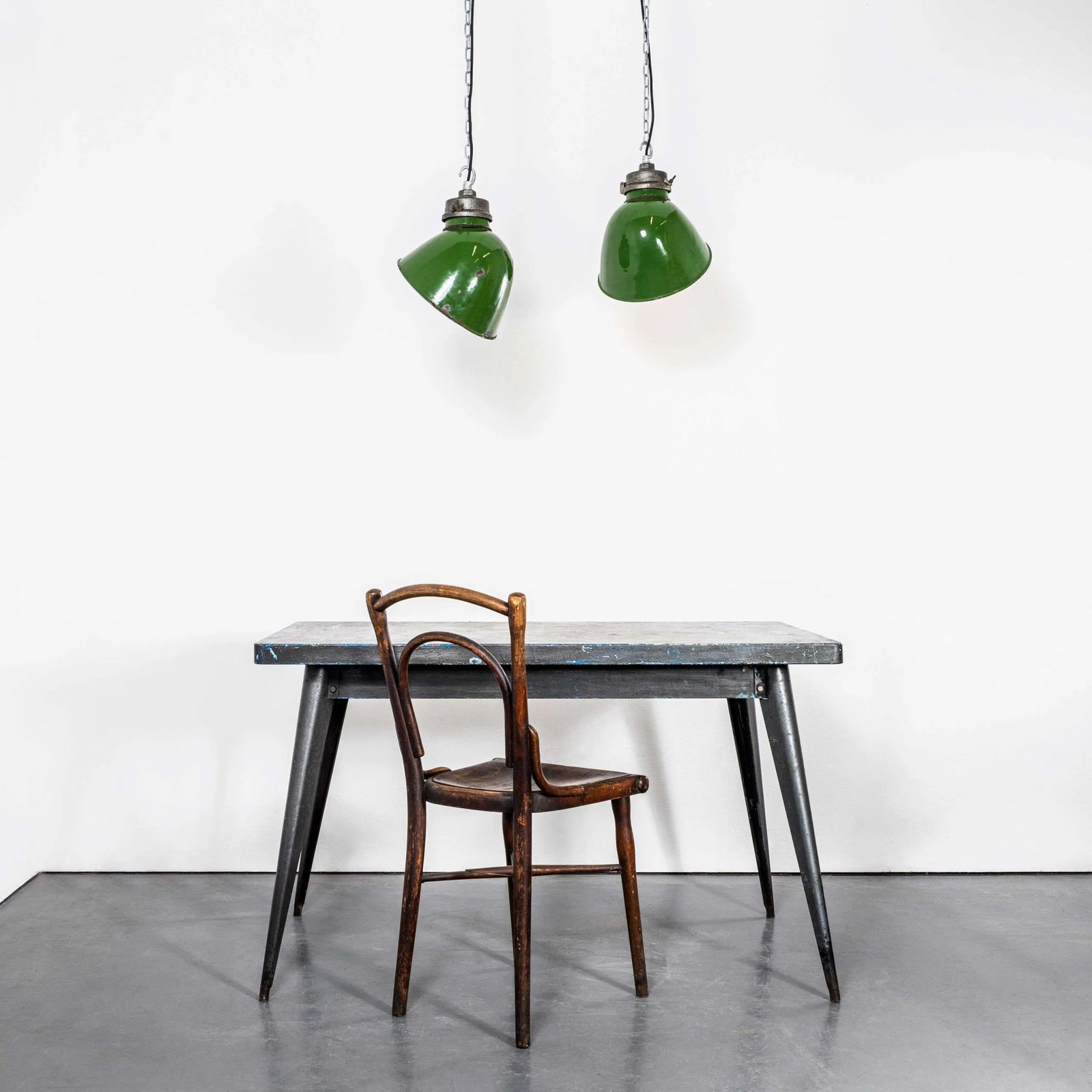 1940’s Racing Green Cast Top Gec Enamelled Pendant Lamps – Pair photo furniture