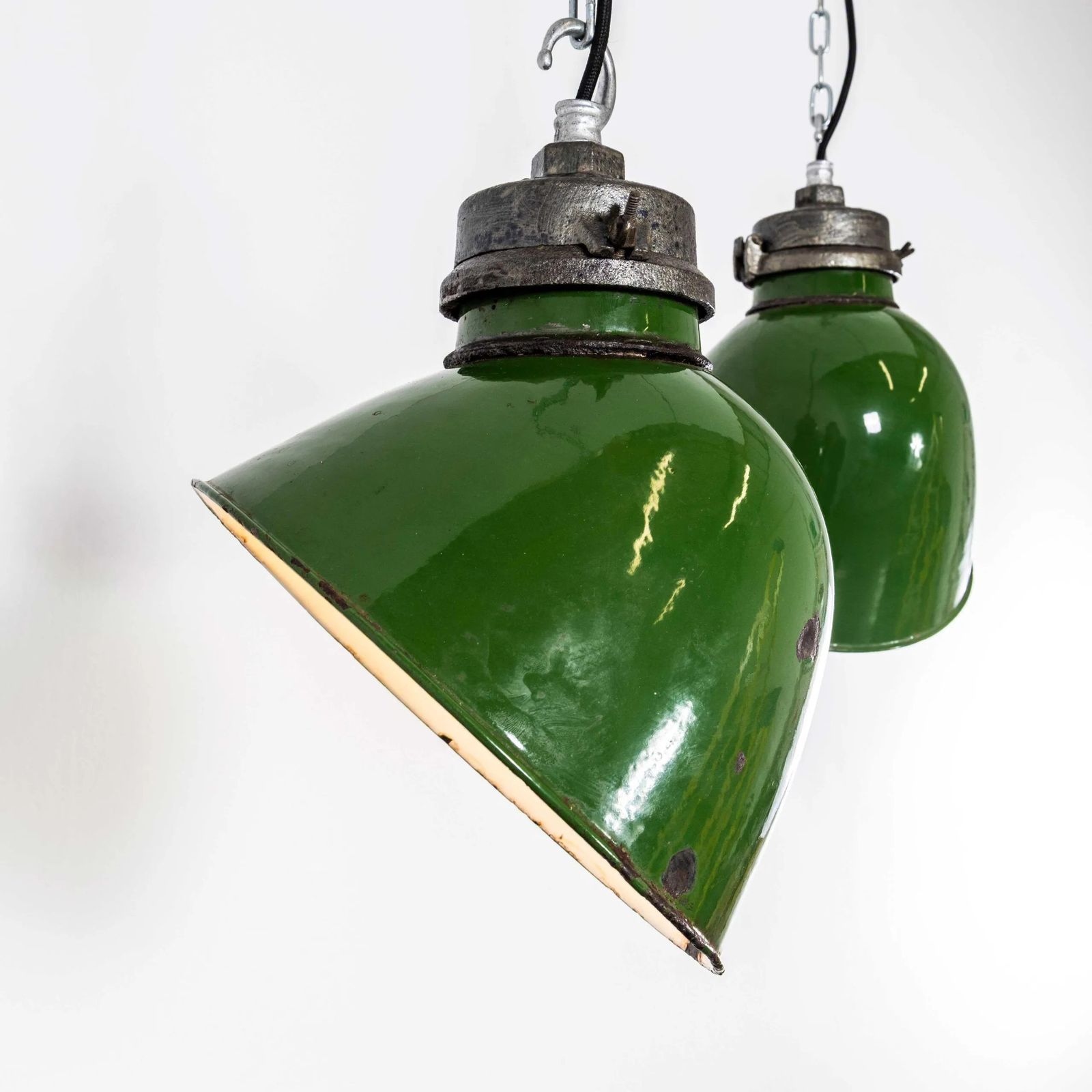 1940’s Racing Green Cast Top Gec Enamelled Pendant Lamps – Pair photo for sale