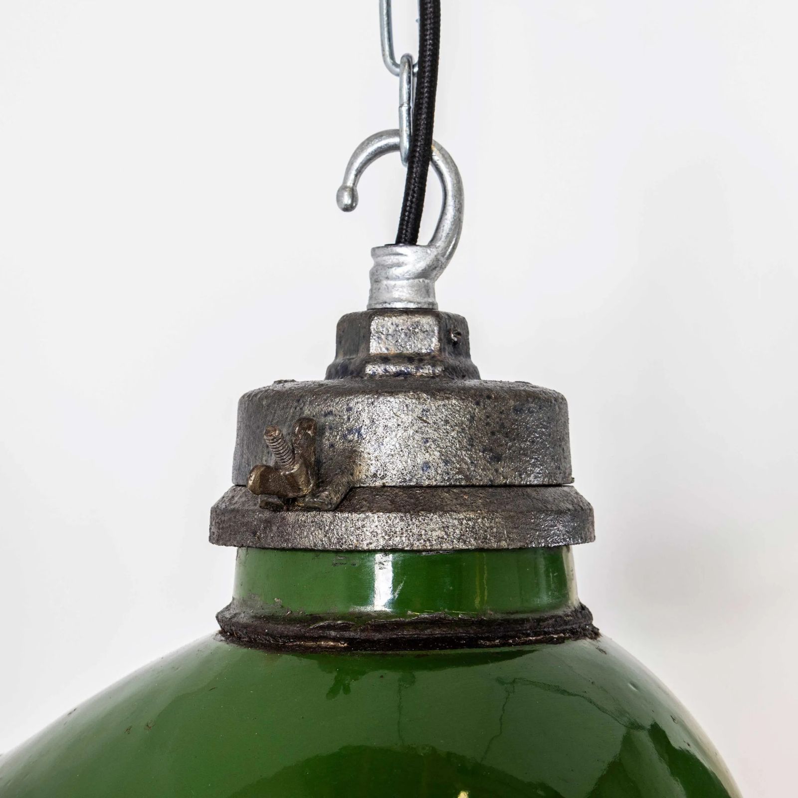 1940’s Racing Green Cast Top Gec Enamelled Pendant Lamps – Pair photo Lighting