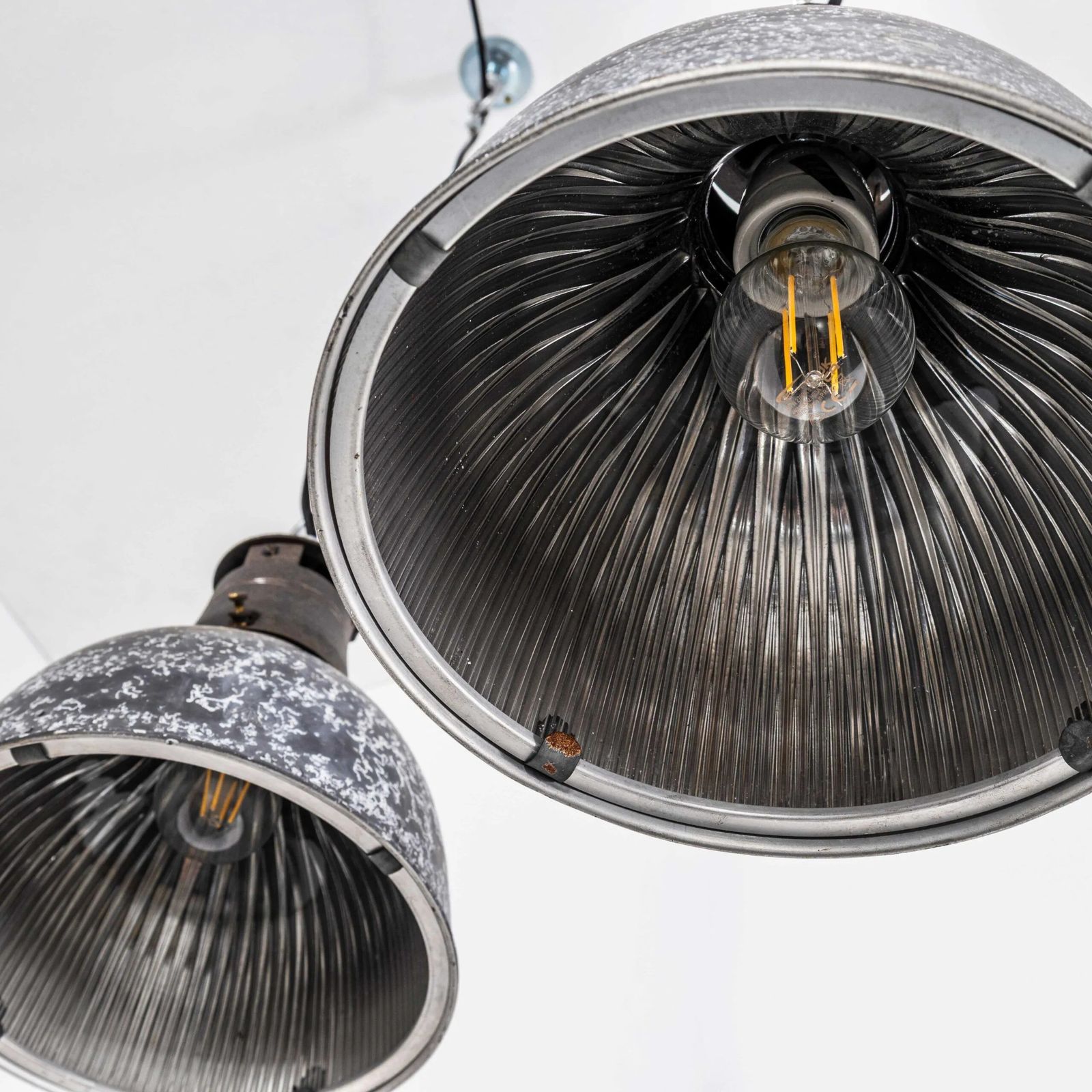 photo furniture 1940’s Original Holophane Mottled Prismatic Pendant Lamps