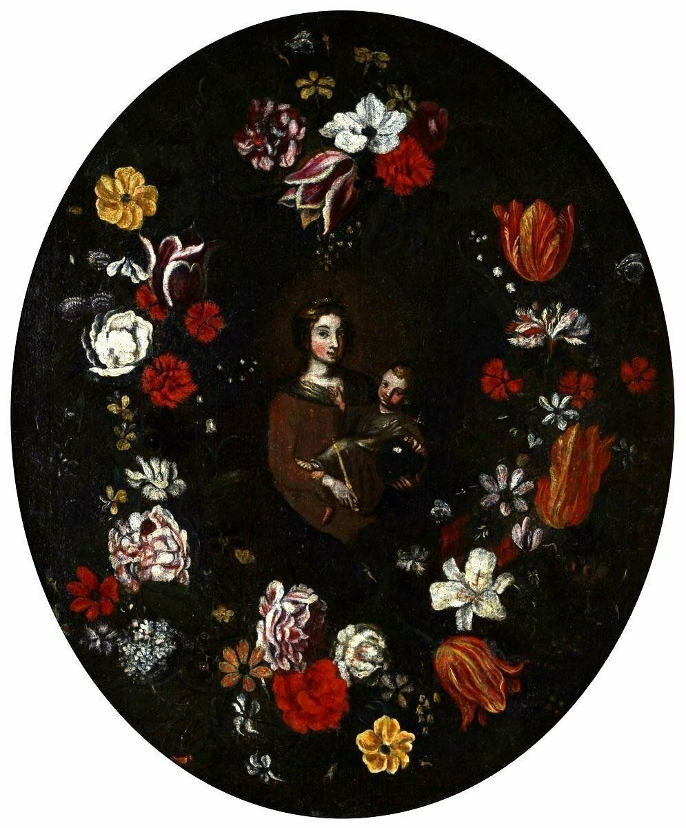 Oil Painting On Canvas, Italian School, Virgin And Child On A Garland Of Flowers photo furniture