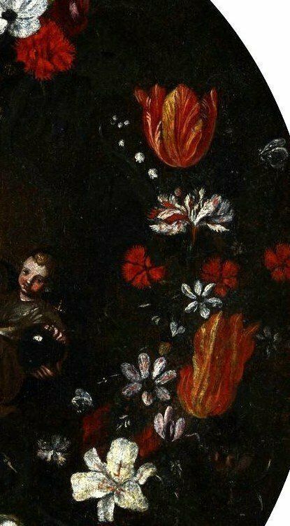 Oil Painting On Canvas, Italian School, Virgin And Child On A Garland Of Flowers photo buy