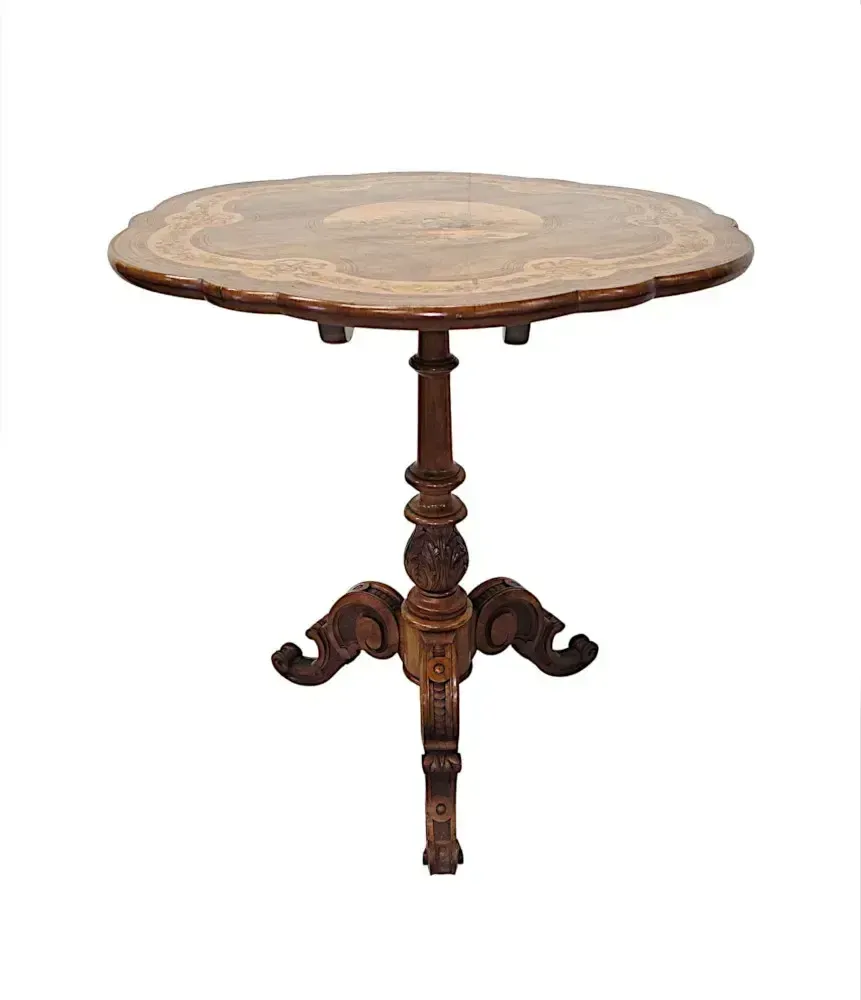 A Very Rare 19th Century Olive Wood Marquetry Inlaid Flip Top Table photo Furniture
