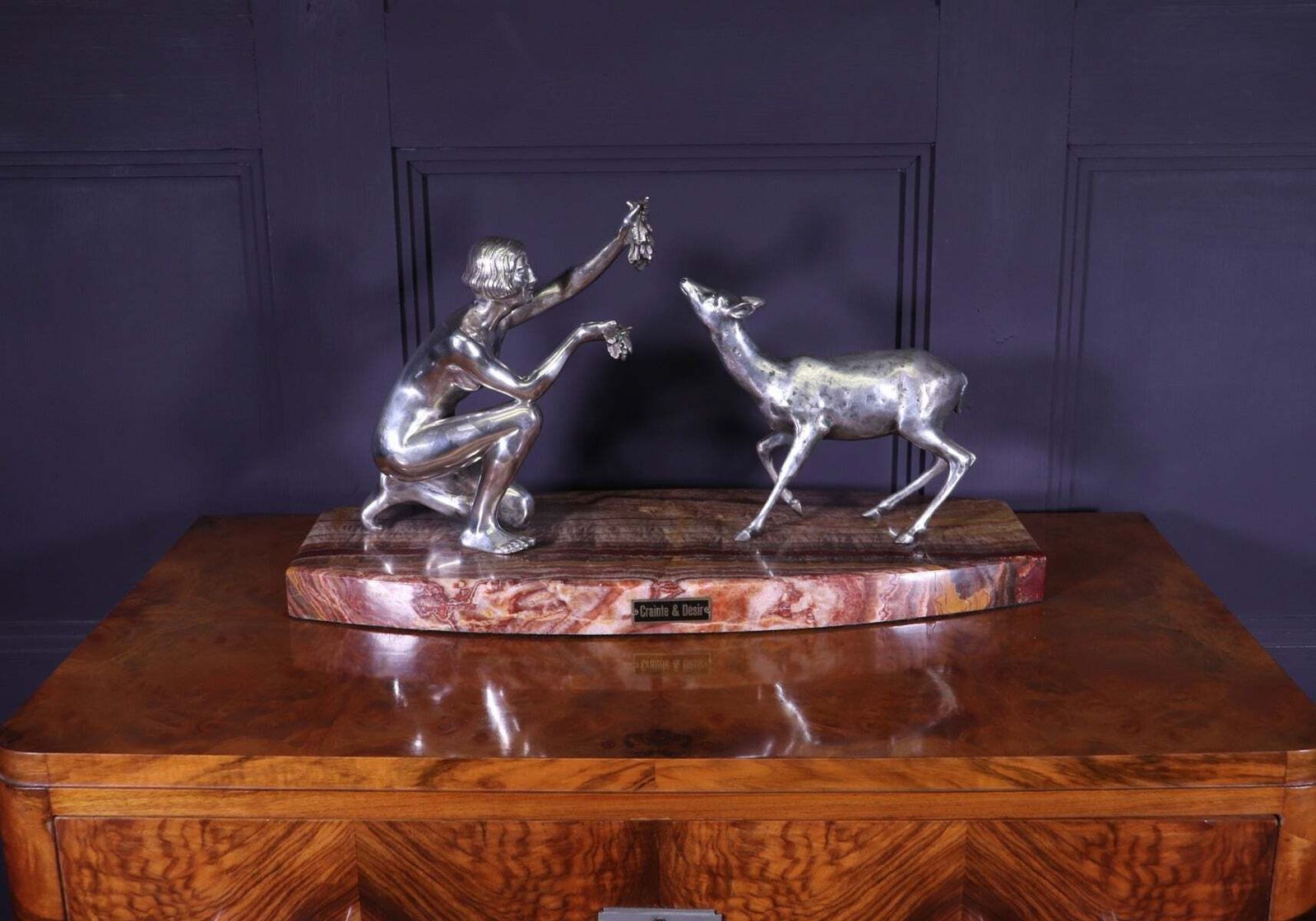 photo vinterior Art Deco Silvered Bronze Of Lady Feeding Deer By D’arte C1930