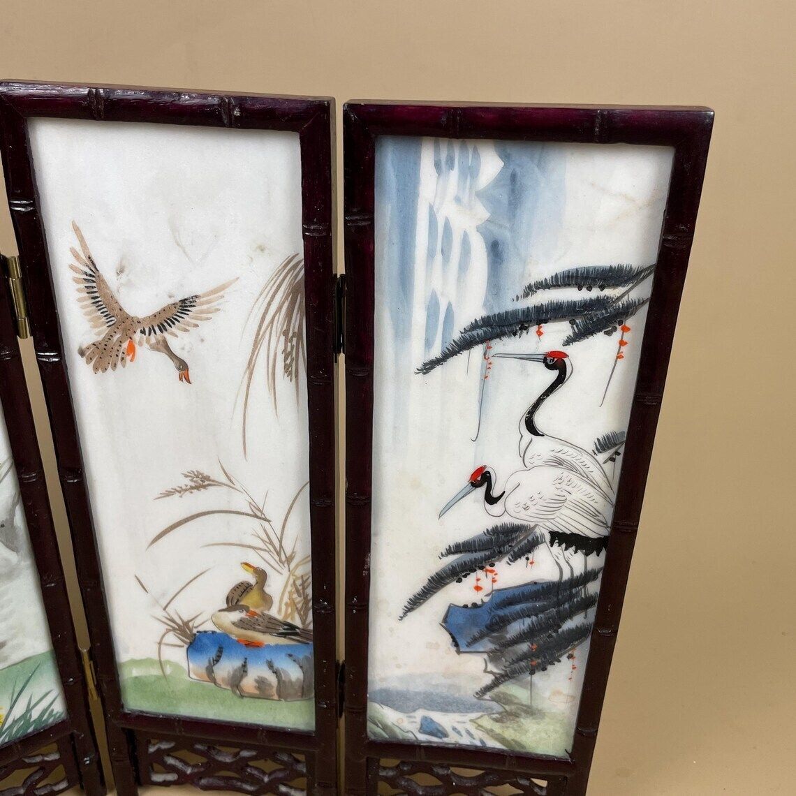 photo furniture Antique Mini Table Top Oriental Japanese Wooden Divider Privacy Screen Vintage Folding Pattern Ceramic Tile Hand Painted Geisha Birds