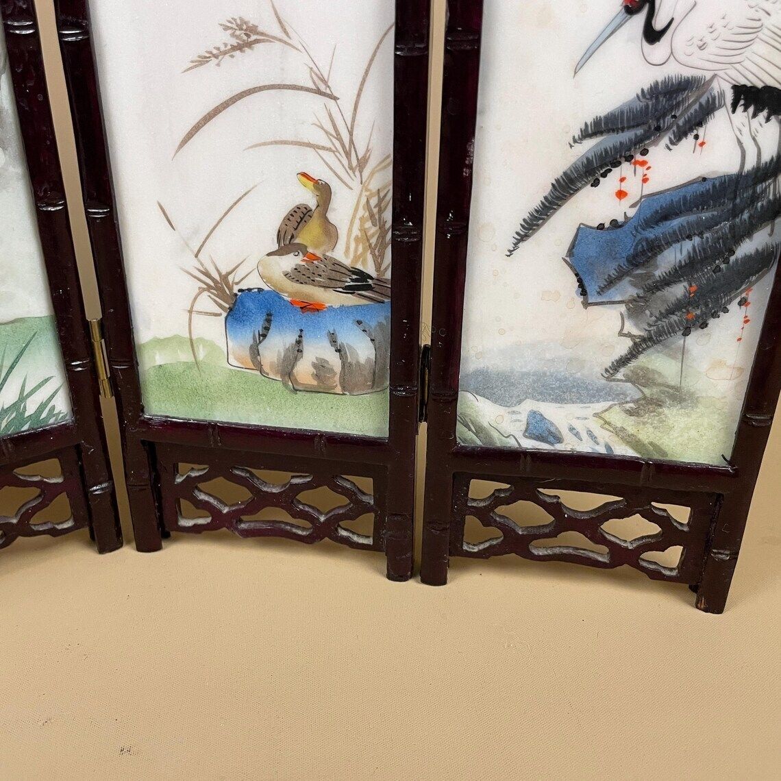 photo for sale Antique Mini Table Top Oriental Japanese Wooden Divider Privacy Screen Vintage Folding Pattern Ceramic Tile Hand Painted Geisha Birds