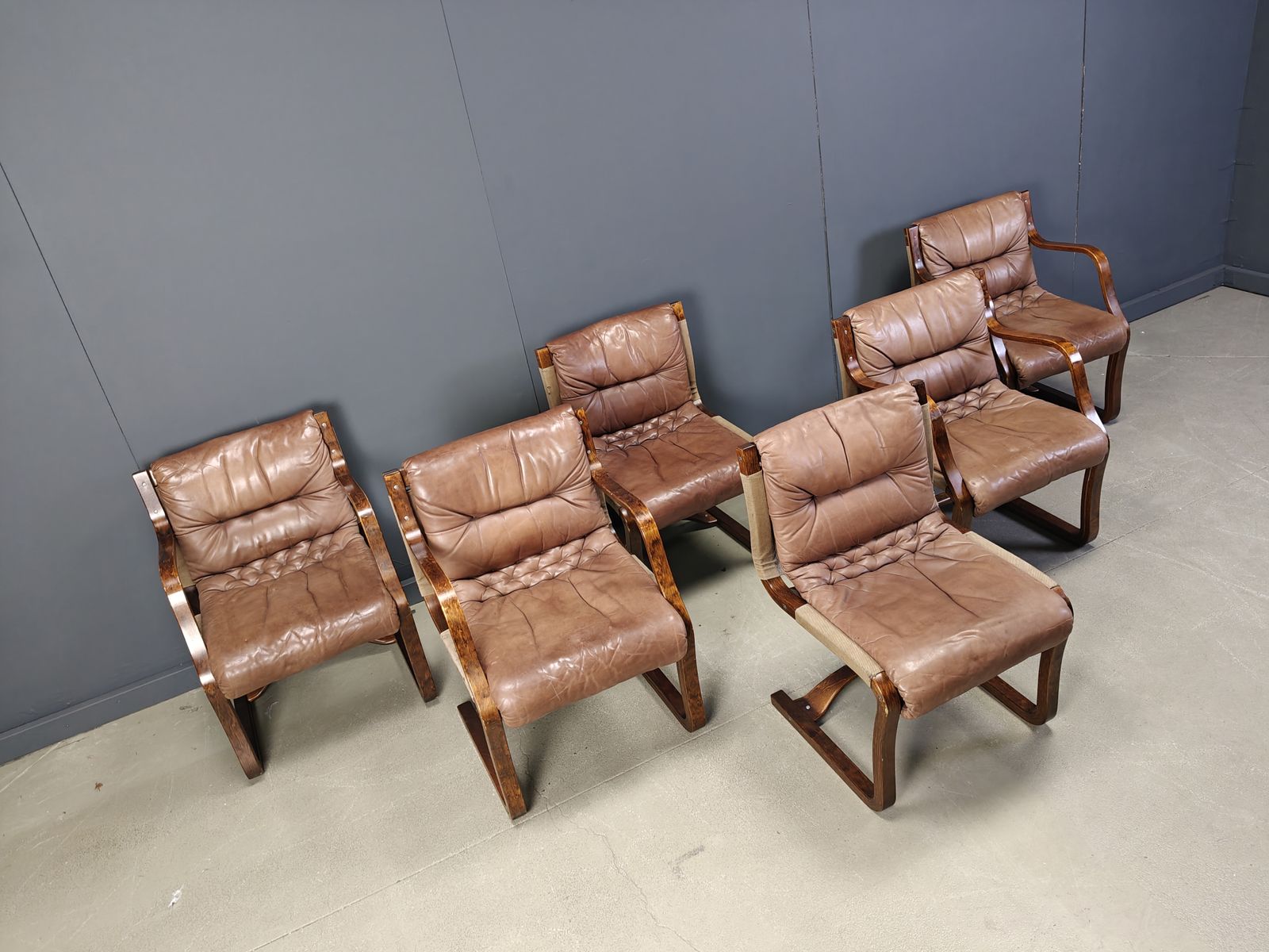 Vintage Asko Pajamies Finland Leather Plywood Chairs, Set Of 6   1970s photo buy