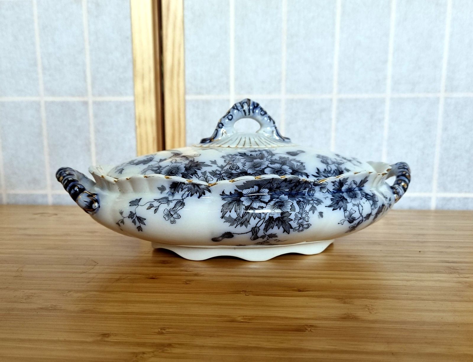 photo furniture Antique English Flow Blue Lidded Tureen, Transferware Covered Serving Dish, Cobalt Floral With Gilt, Ornate Handles & Finial