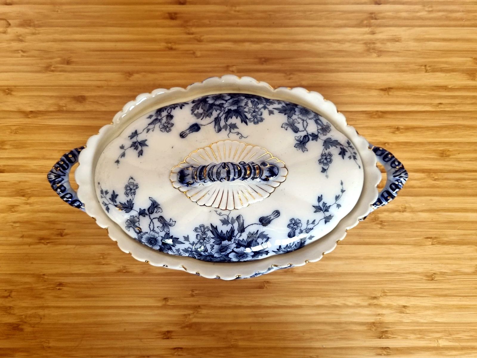 photo vinterior Antique English Flow Blue Lidded Tureen, Transferware Covered Serving Dish, Cobalt Floral With Gilt, Ornate Handles & Finial