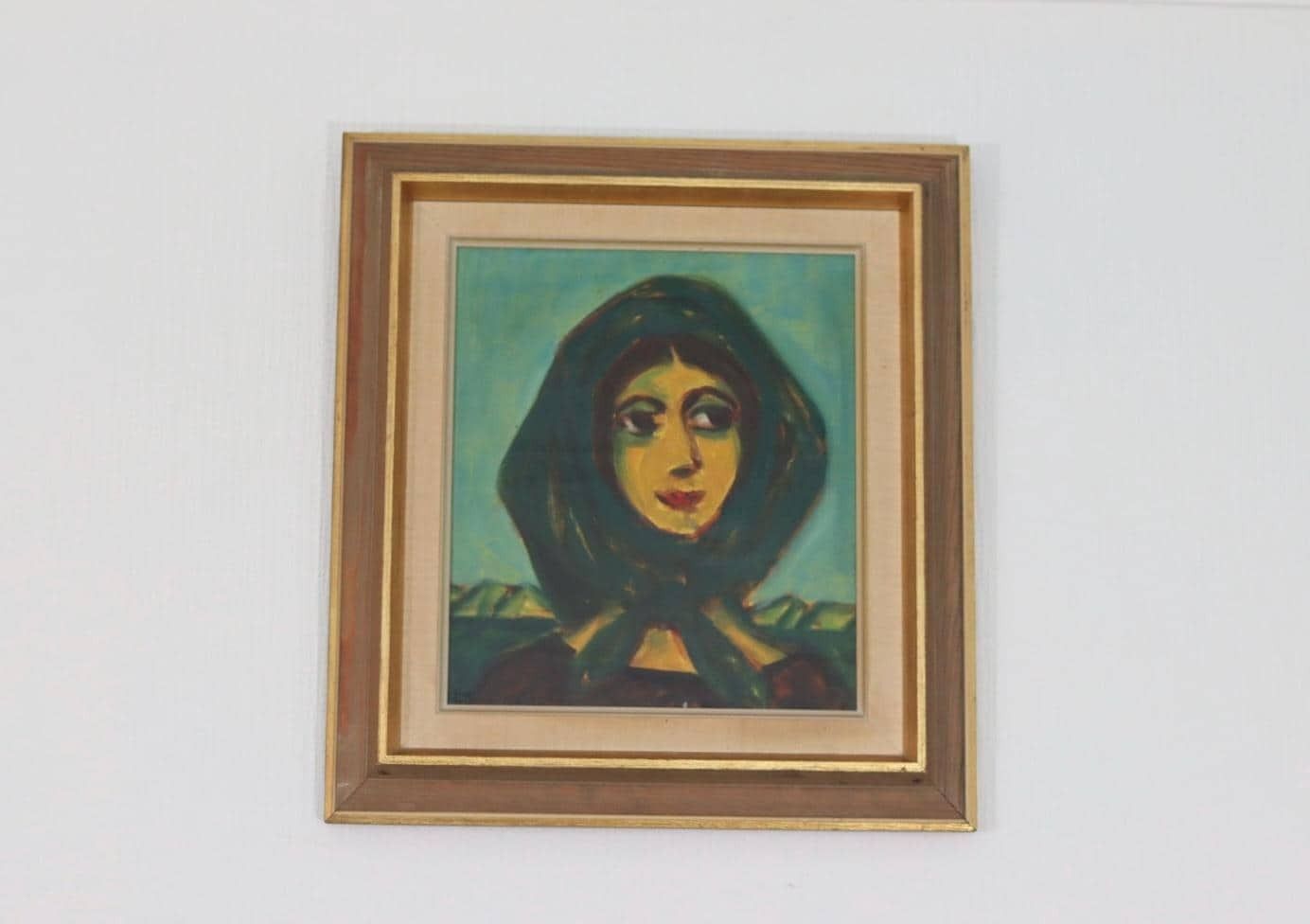 Original Danish Oil On Canvas – “Woman In Scarf” By Erik Larsen (1902–1965) – Vintage & Framed  41 × 45 Cm (16.1" × 17.7") photo furniture