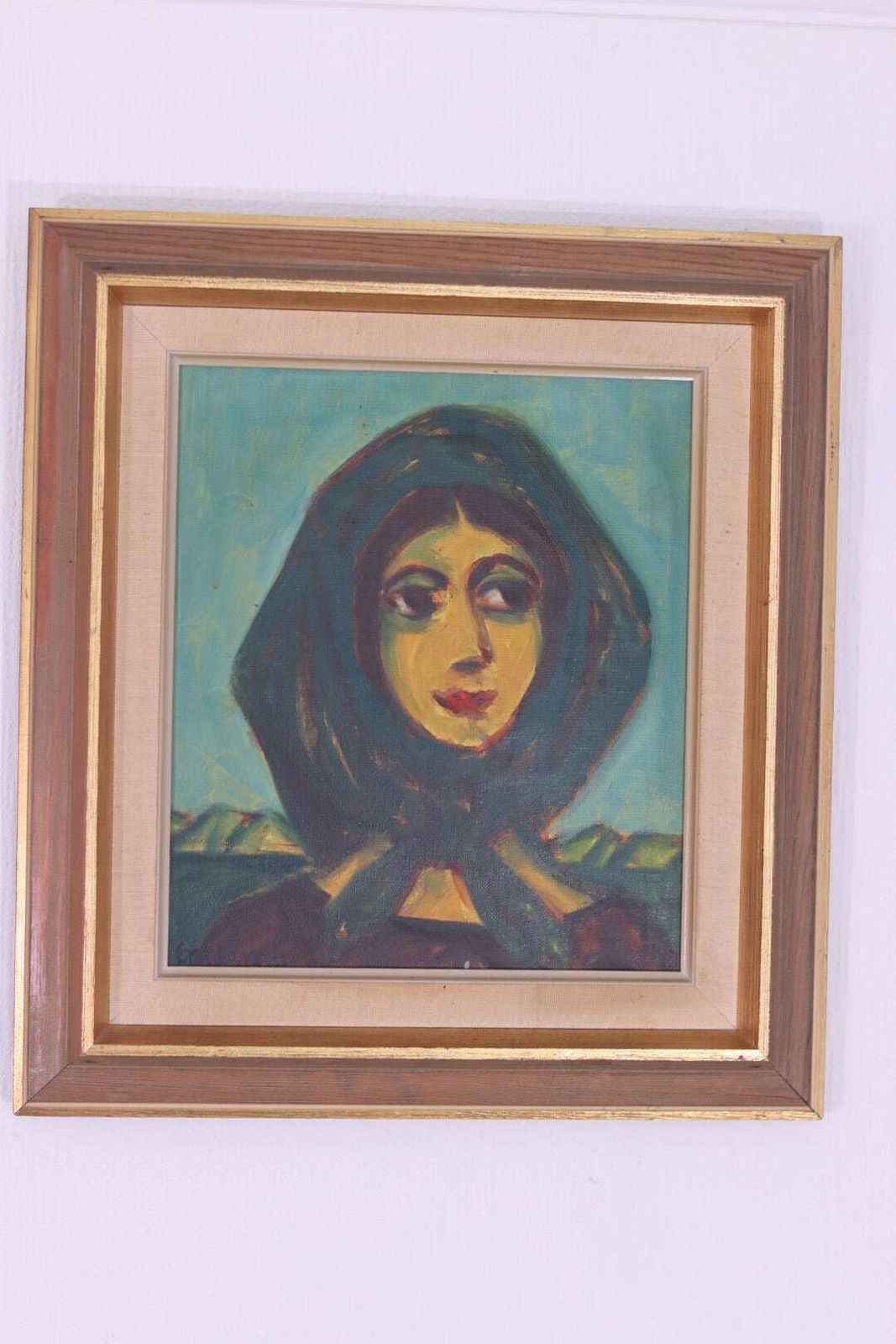 Original Danish Oil On Canvas – “Woman In Scarf” By Erik Larsen (1902–1965) – Vintage & Framed  41 × 45 Cm (16.1" × 17.7") photo Art