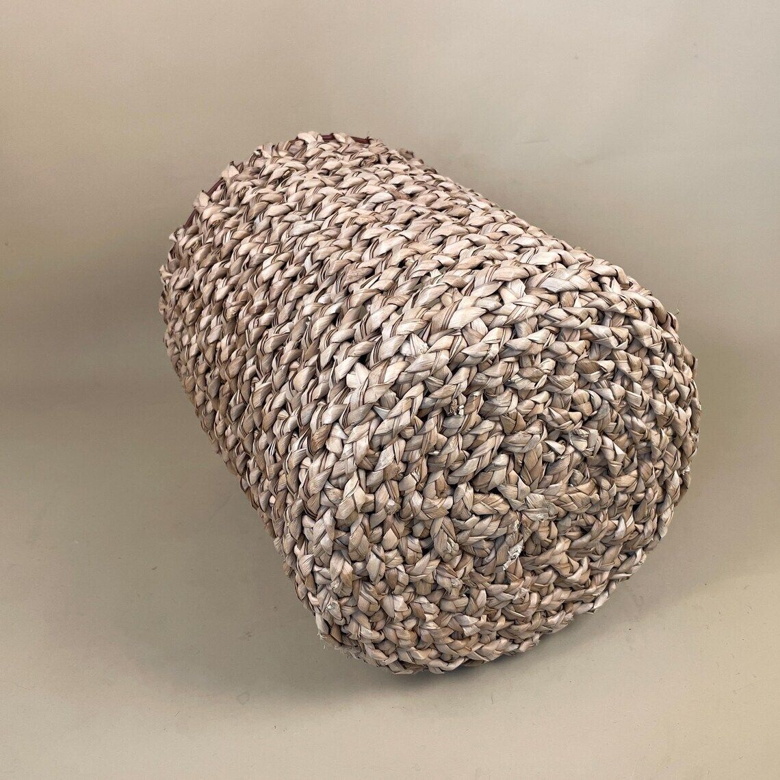 Cylinder Basket Woven Wicker Brown Storage Vintage Round Circular Wood Cottage Farmhouse Bin Trash Handmade Antique Planter Pot Metal photo buy