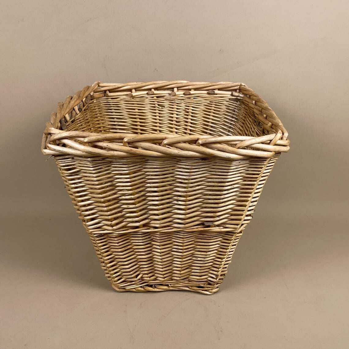 Square Basket Woven Wicker Brown Storage Vintage Wood Cottage Farmhouse Paper Bin Trash Handmade Antique Planter Pot photo furniture
