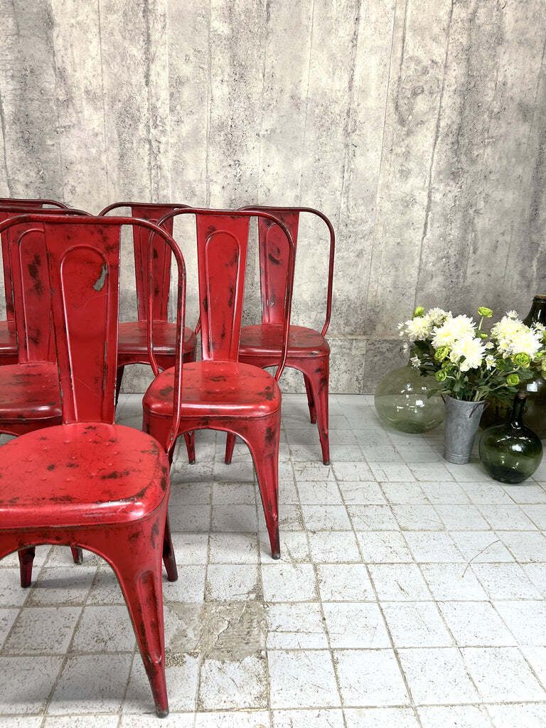 Set Of 6 Red 1930's Style Tolix Metal Chairs photo for sale