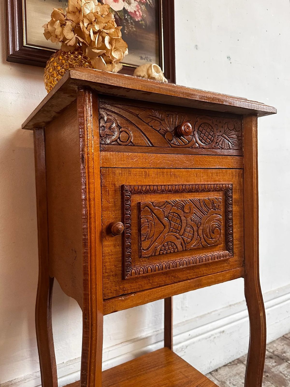 French Marble Top Bedside W/ Deco Carved Panels C1930 photo for sale