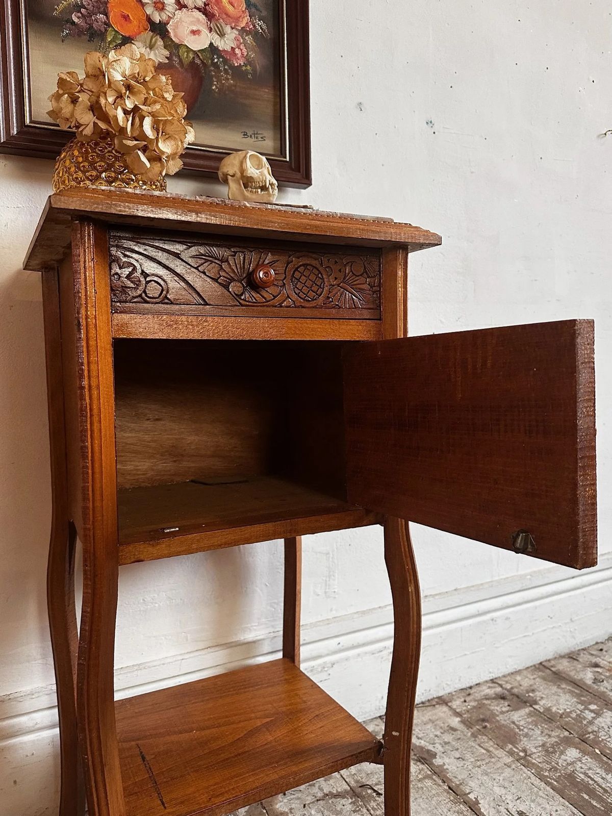 French Marble Top Bedside W/ Deco Carved Panels C1930 photo 213.0