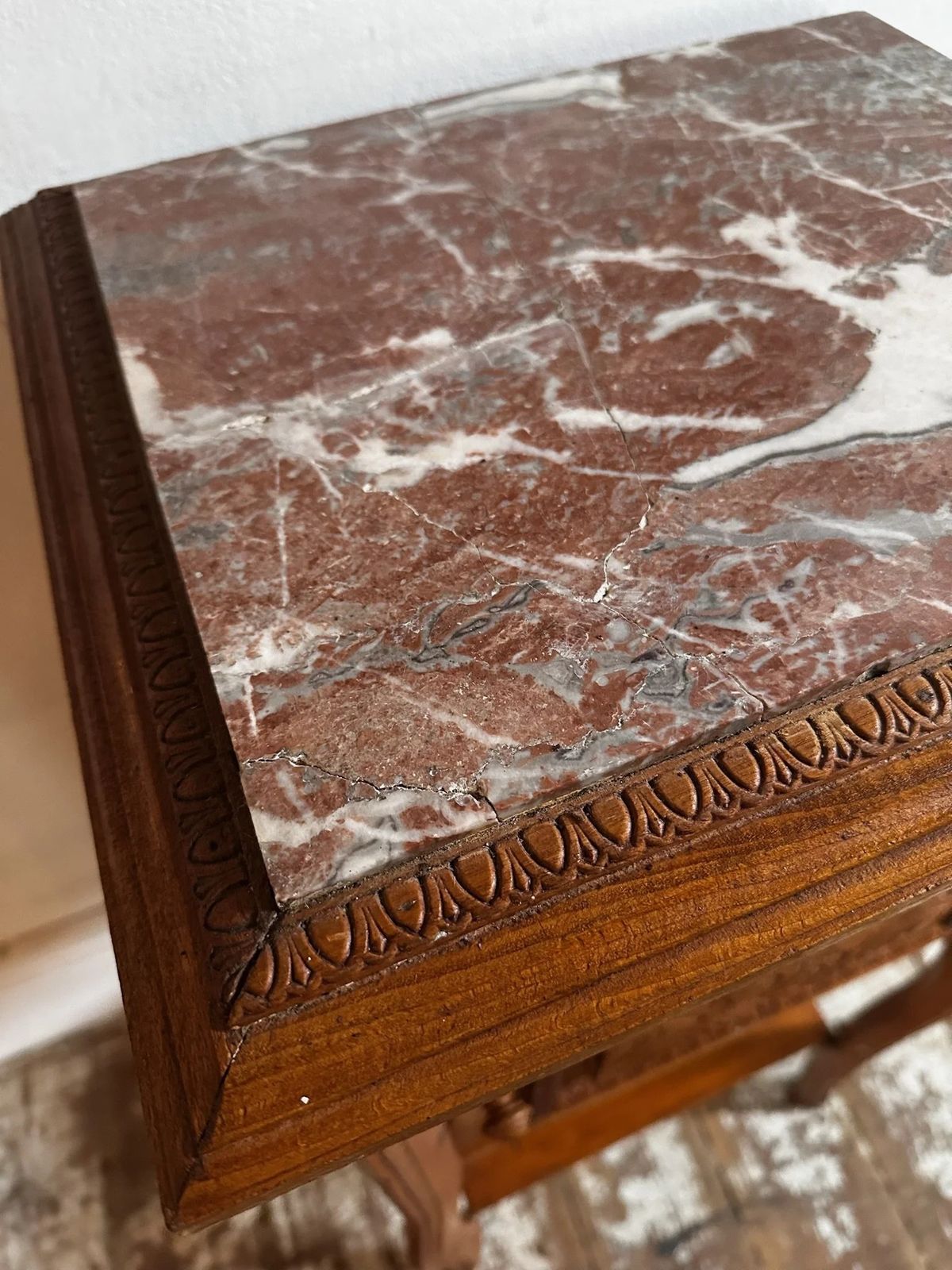 photo furniture French Marble Top Bedside W/ Deco Carved Panels C1930