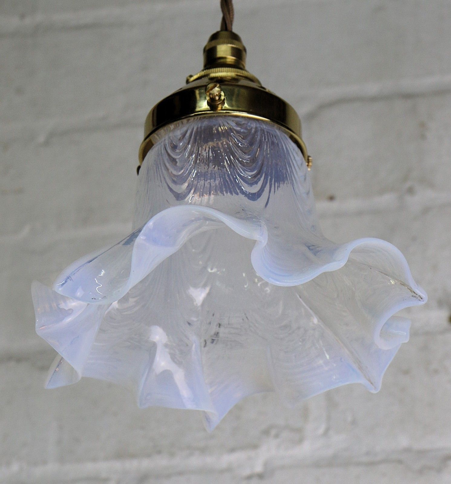 Ceiling Light An Antique Small Glass Opalescent Frilled Lampshade New Fittings photo vintage