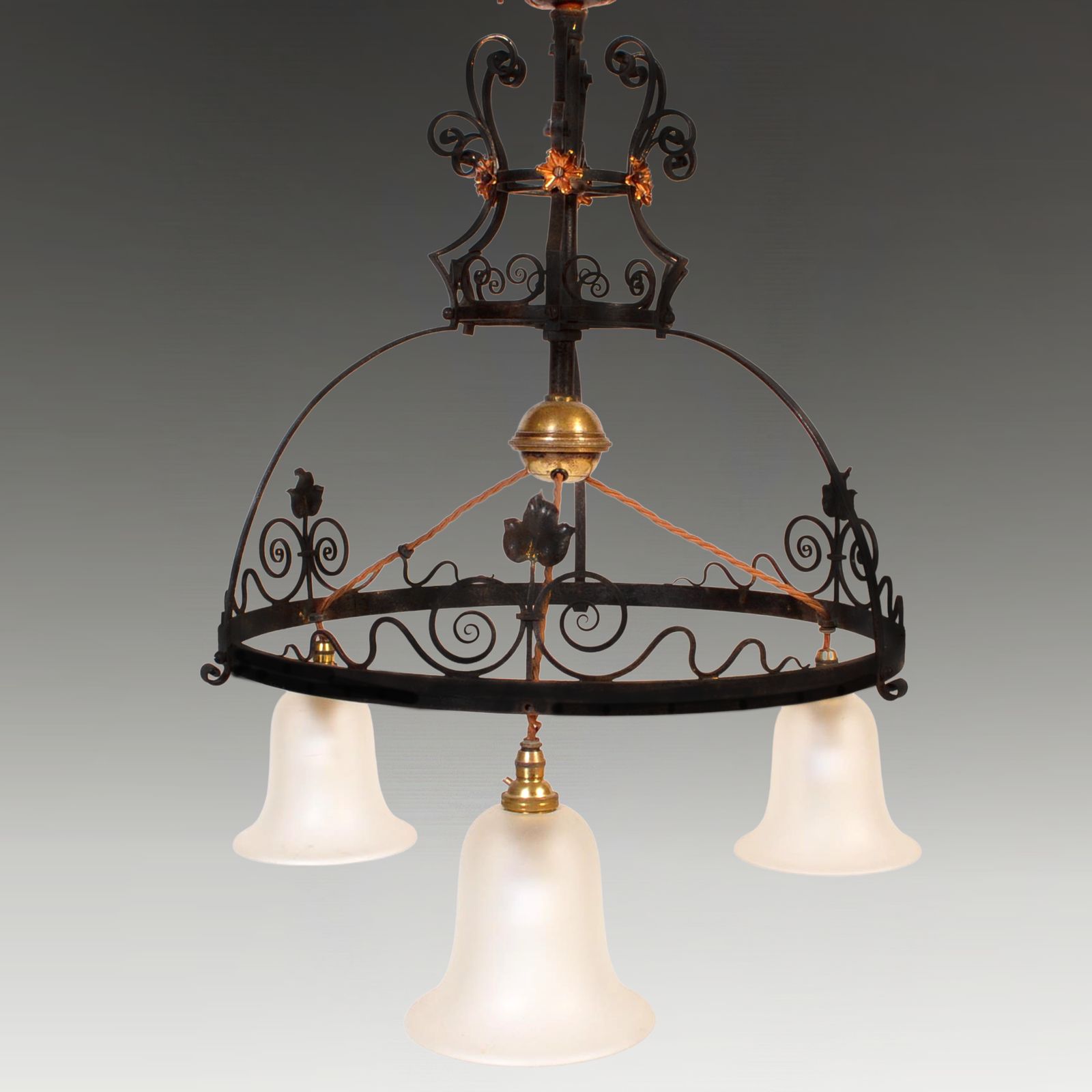 Art Nouveau Superb Copper And Wrought Iron Ceiling Chandelier Lamp. Circa 1900. Original Glass Shades. Drop Max 170cm photo furniture