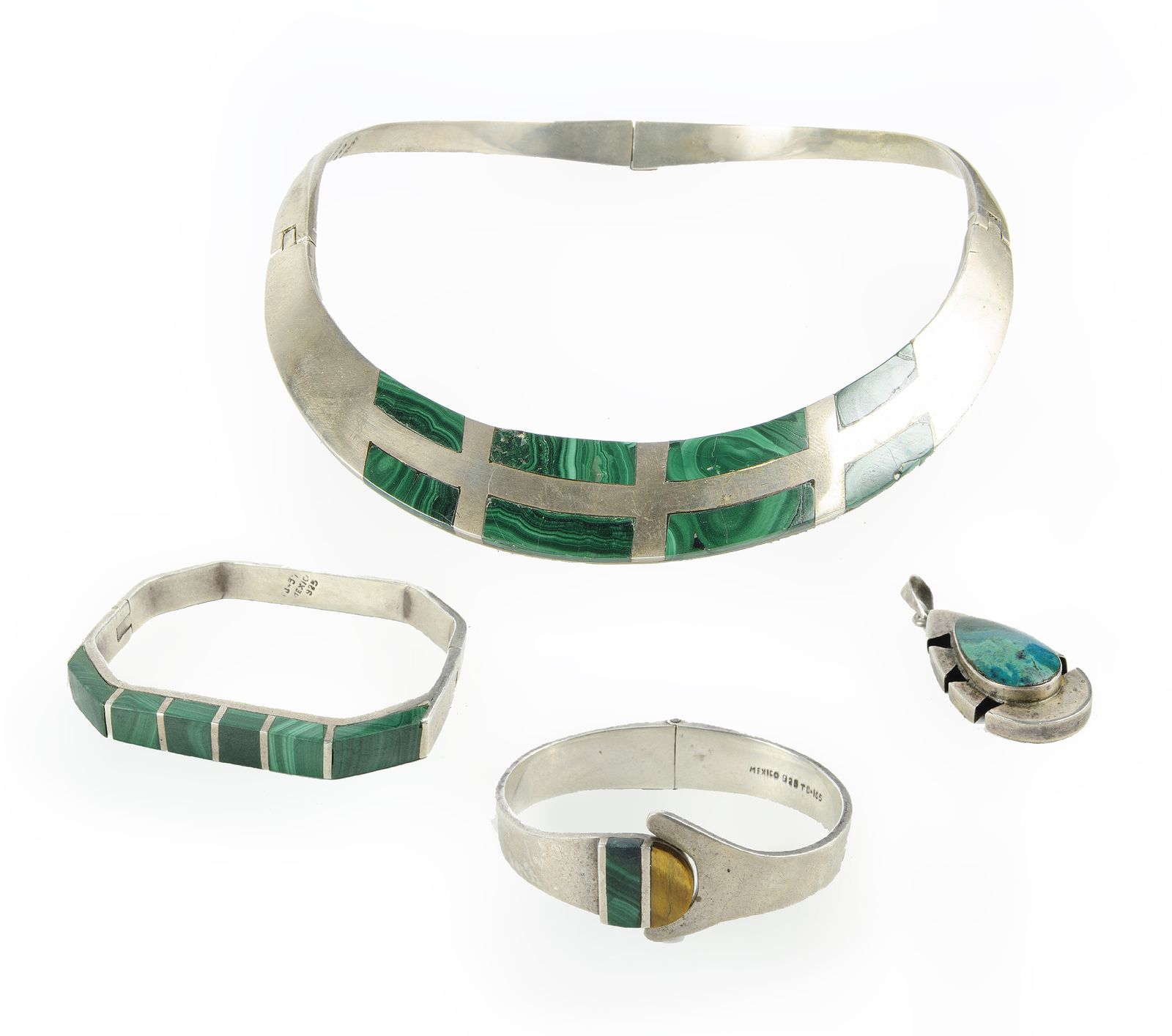 Mid Century Sterling Silver And Malachite Jewelry Set: Necklace, Pair Of Bracelets And Pendant From Taxco, Mexico, Presumably By Los Castillo