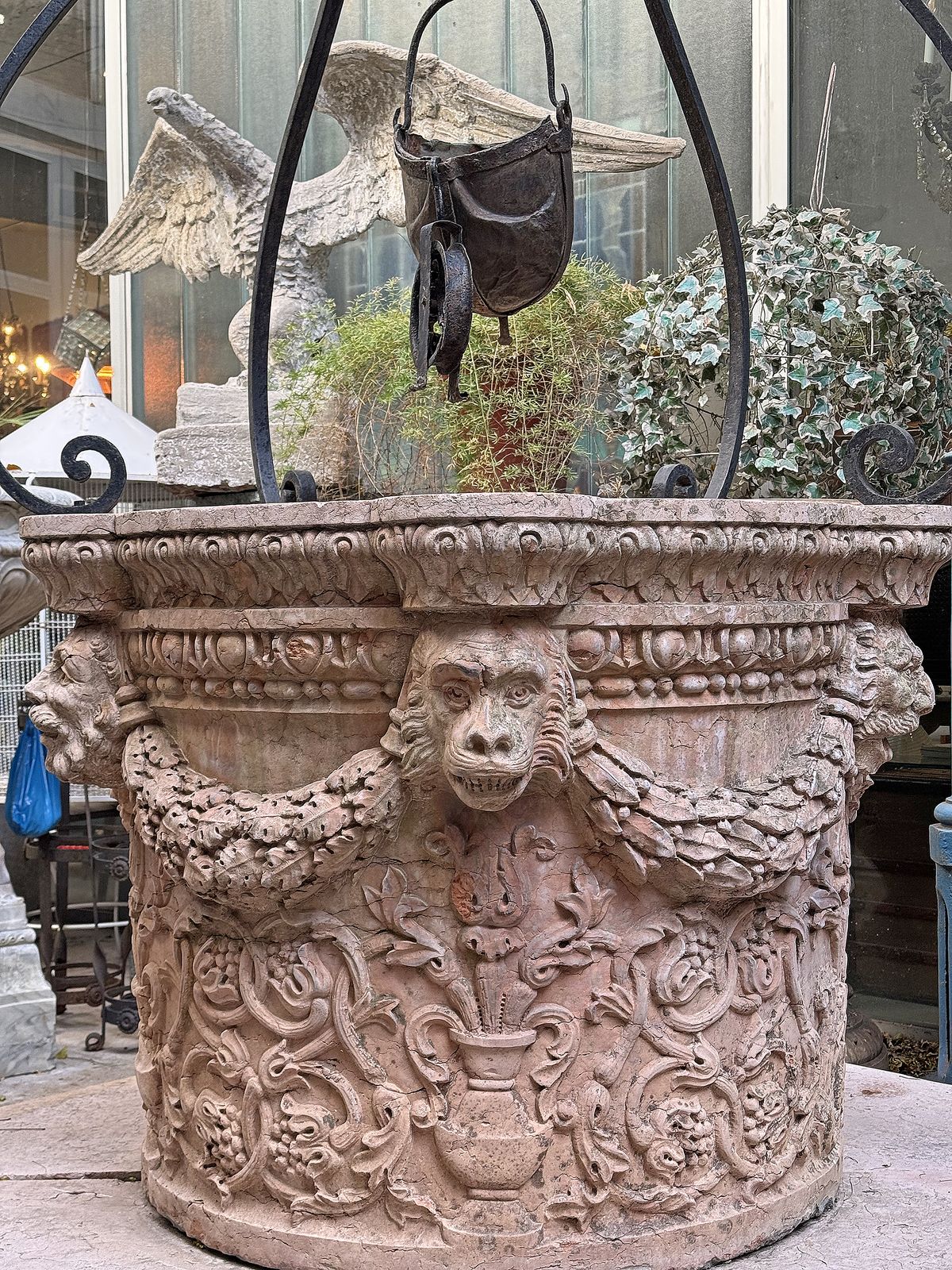 XVII Century Renaissance Venetian Rosso Verona Marble Wellhead/Cistern With Wrought Iron Top Pulley Over Octagonal Base, Italy photo furniture