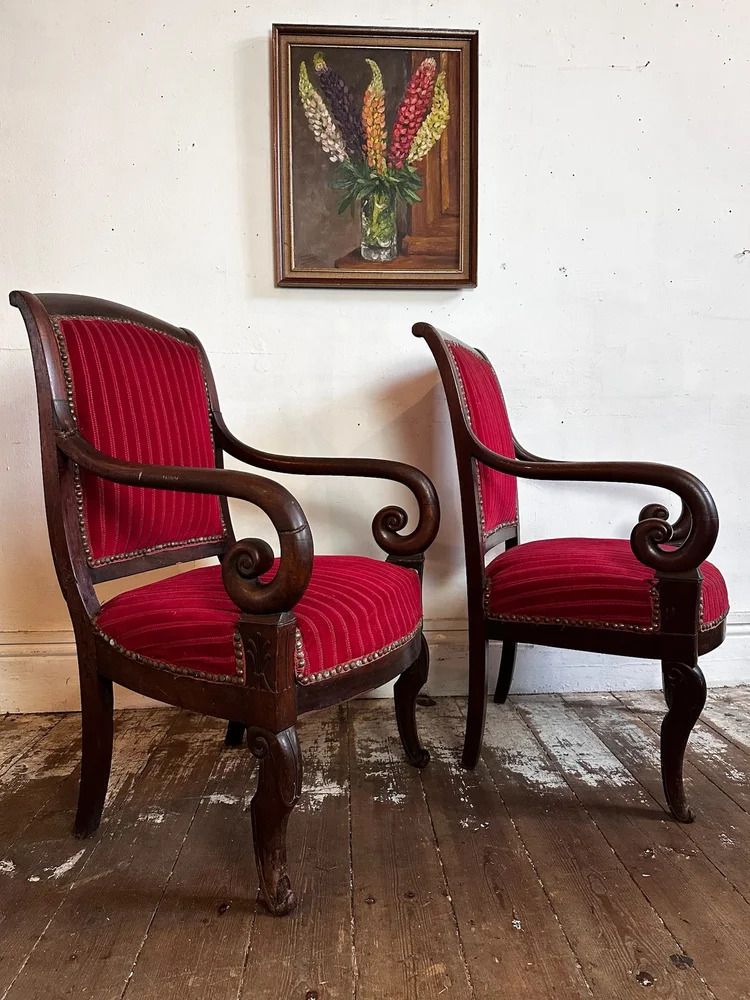 French Empire Armchairs In Red Velvet And Mahogany C1830 photo Furniture