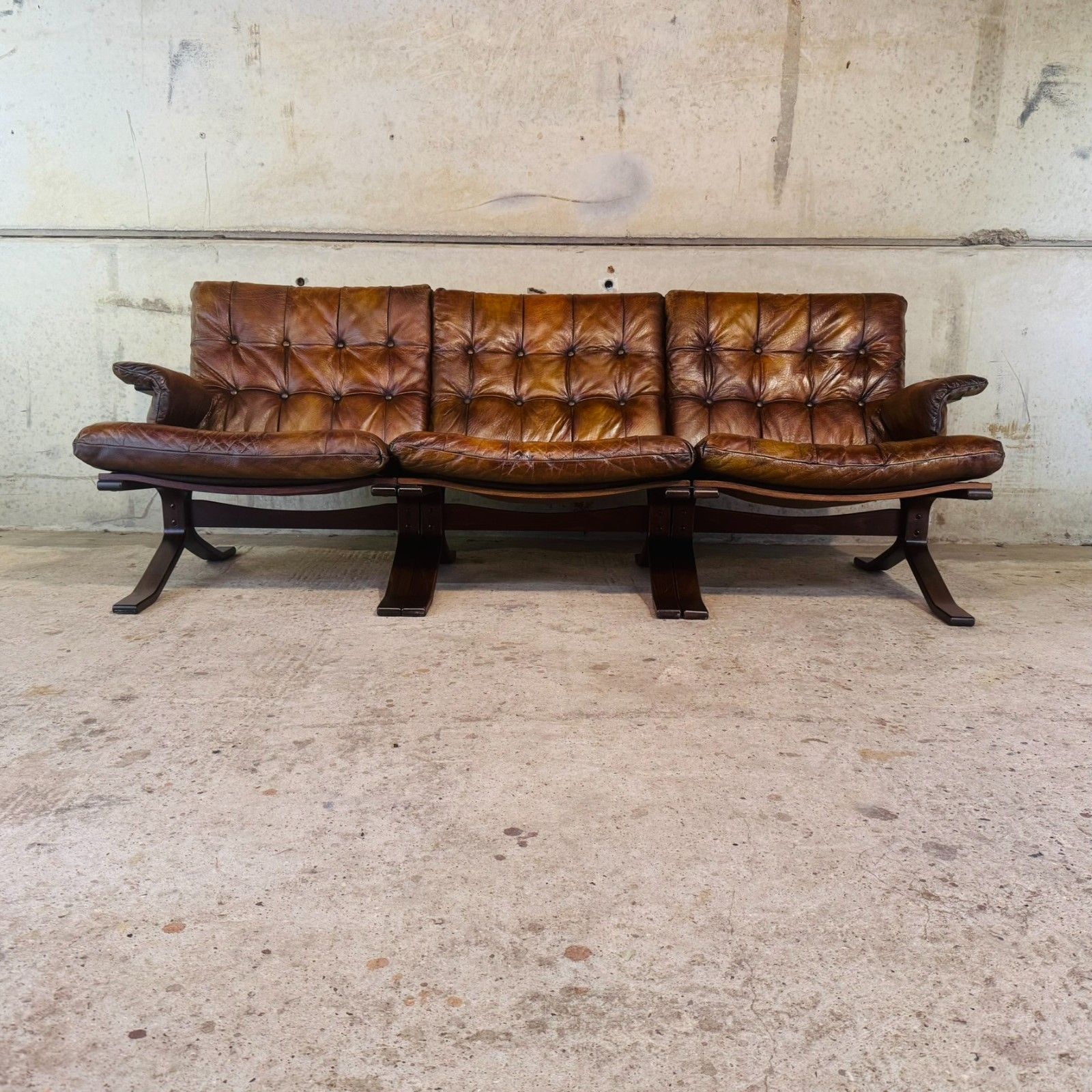 1970s Norwegian Tan Leather 3 Seater Sofa — Rustic Bentwood Frame #A740