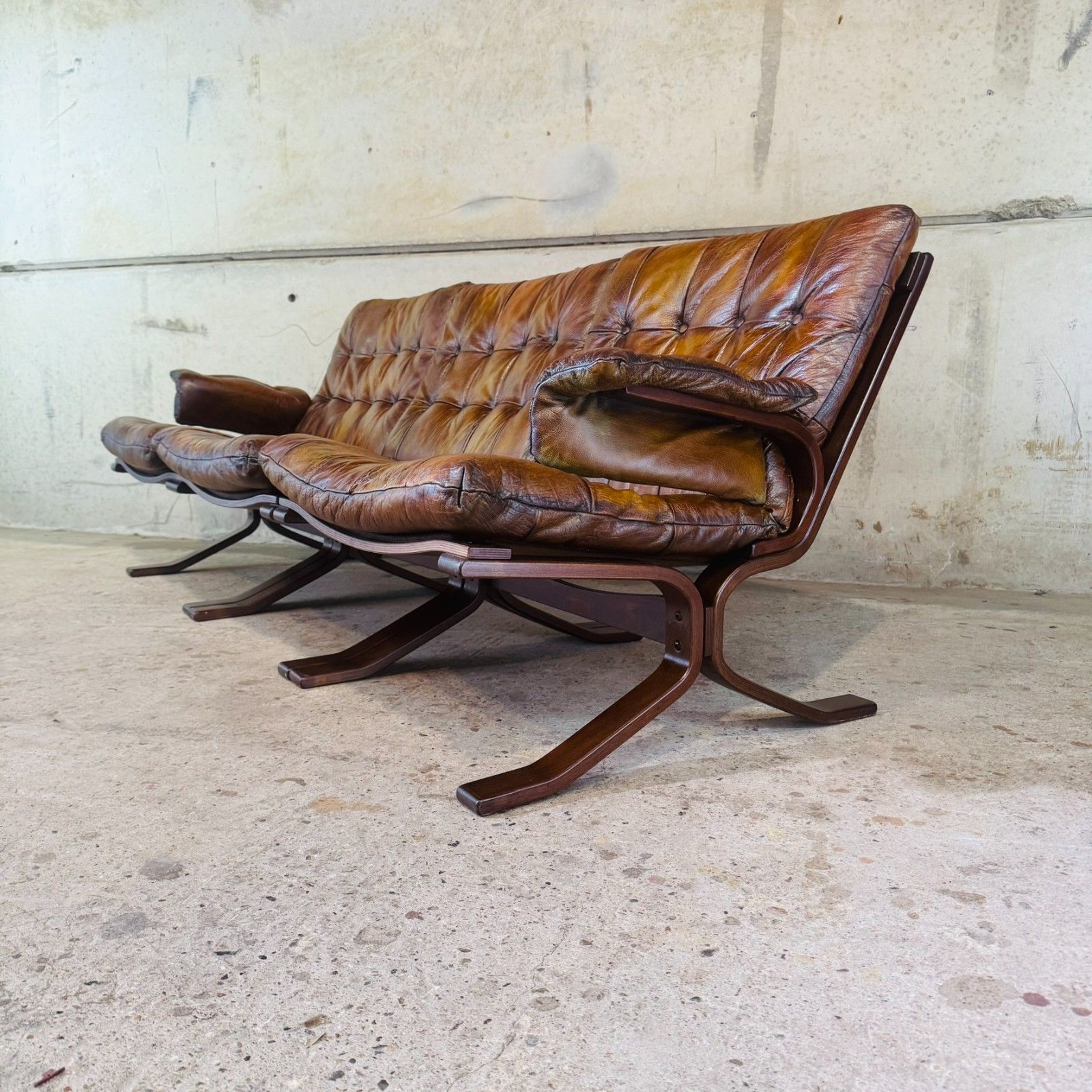 1970s Norwegian Tan Leather 3 Seater Sofa — Rustic Bentwood Frame #A740 photo Furniture