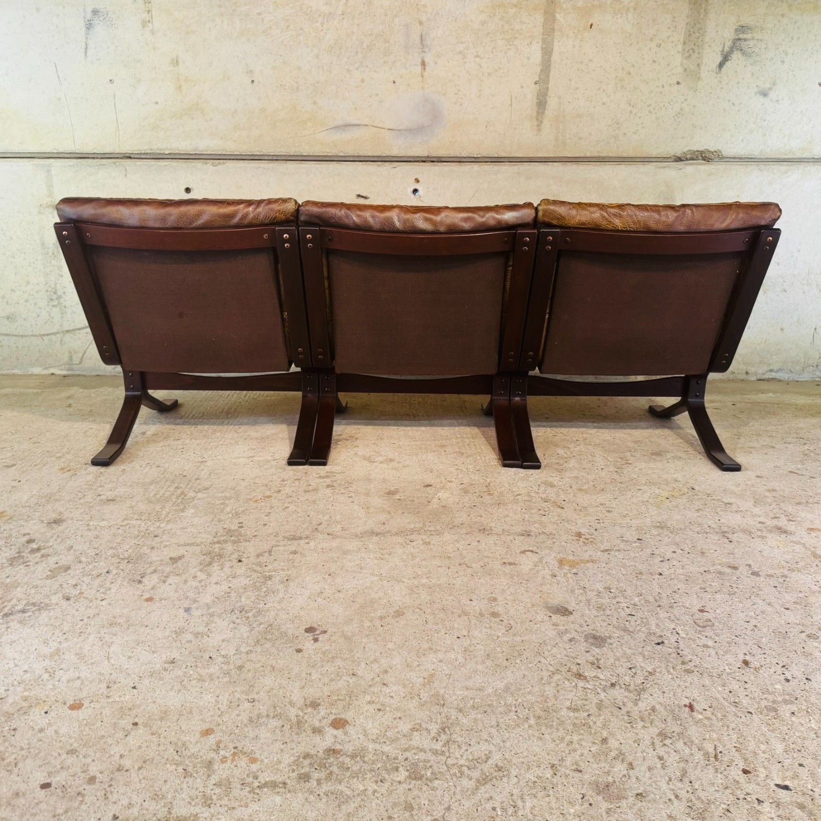 Furniture 1970s Norwegian Tan Leather 3 Seater Sofa — Rustic Bentwood Frame #A740 photo