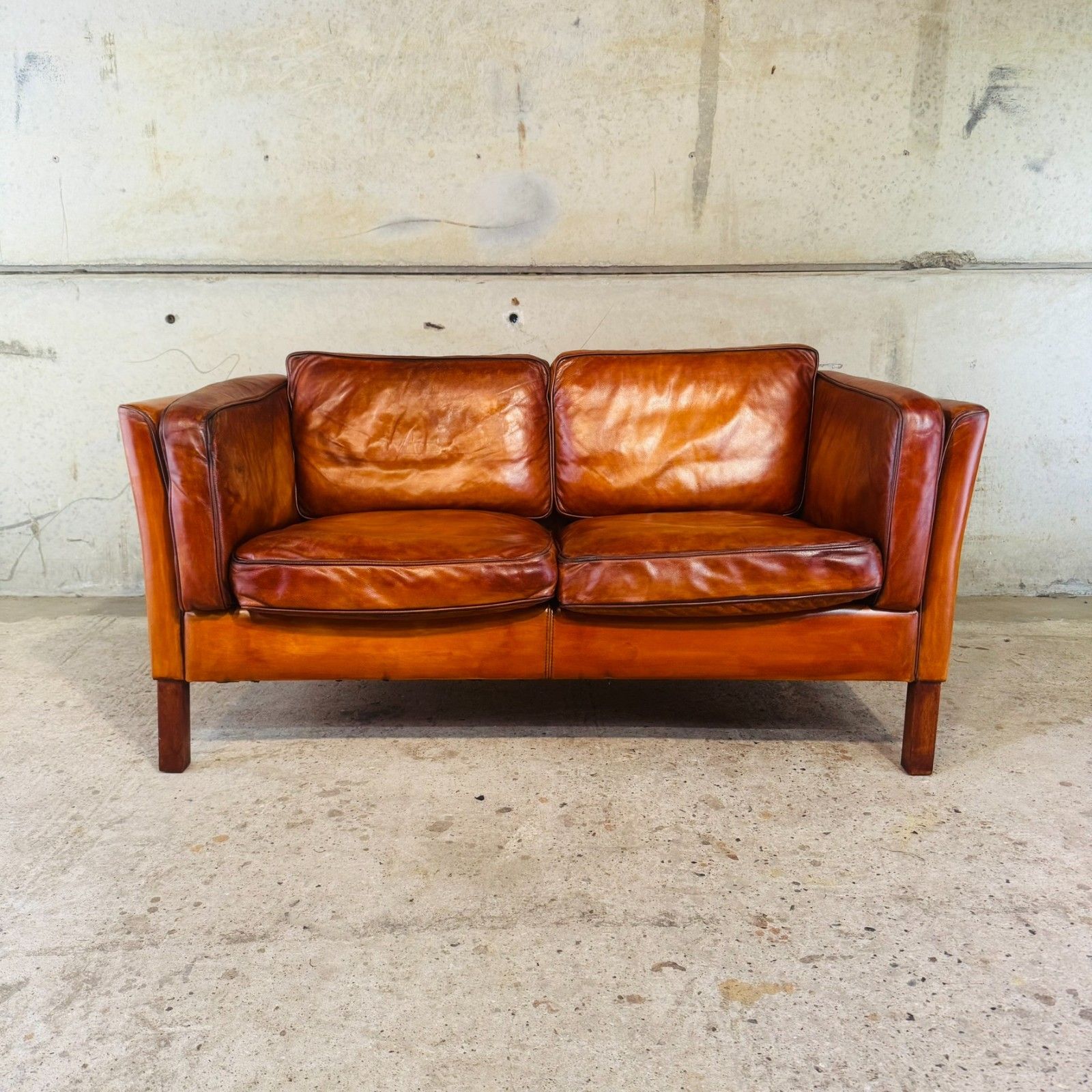 Danish Light Tan Leather 2 Seater Sofa — Elegant Lines #A763
