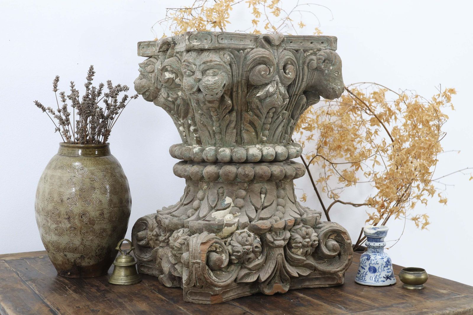 Late 18th Century Hand Carved Teak Indian Pillar Capitals