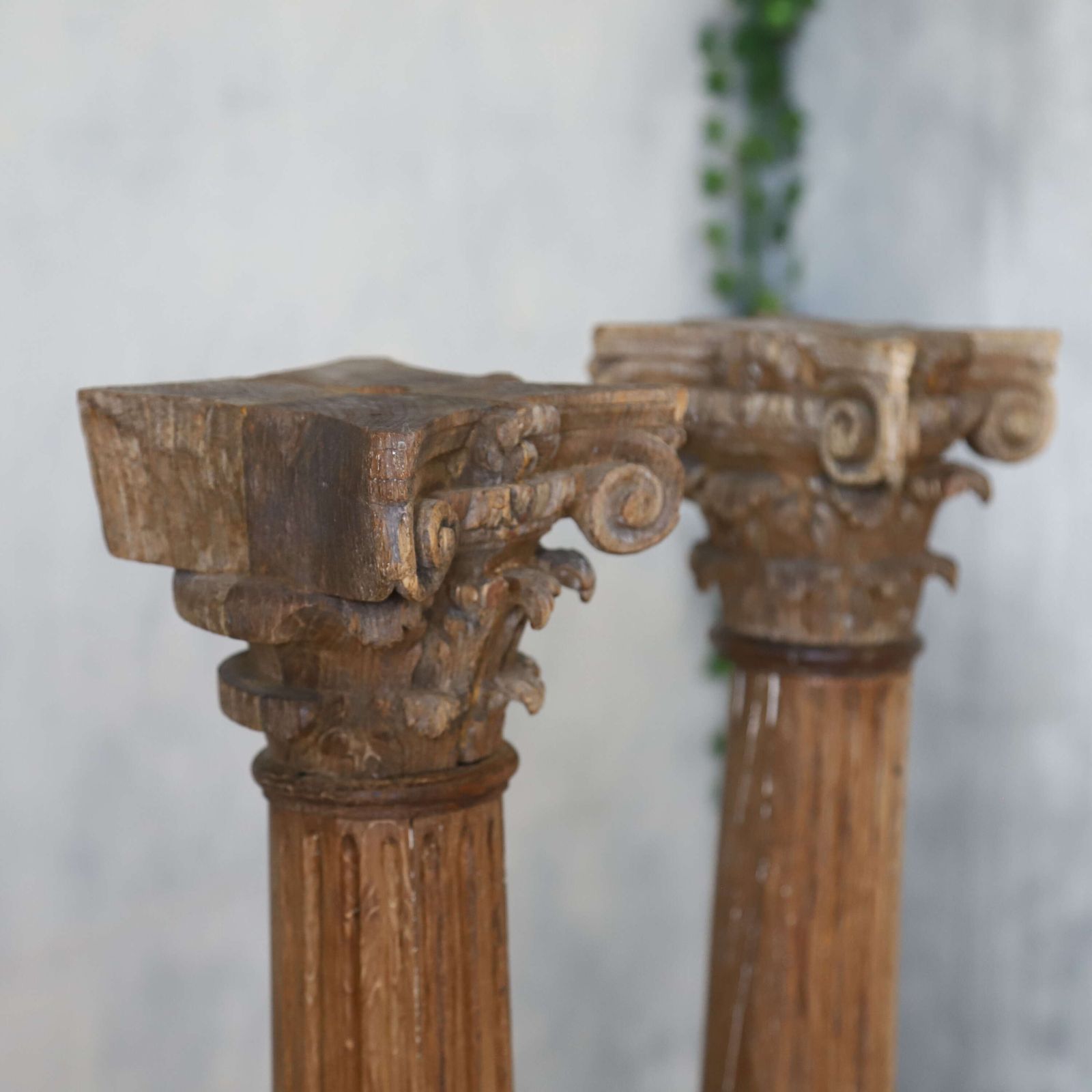 Home Decor Pair Of Antique Hand Carved Wooden Corinthian Columns   Classical Architectural Display photo