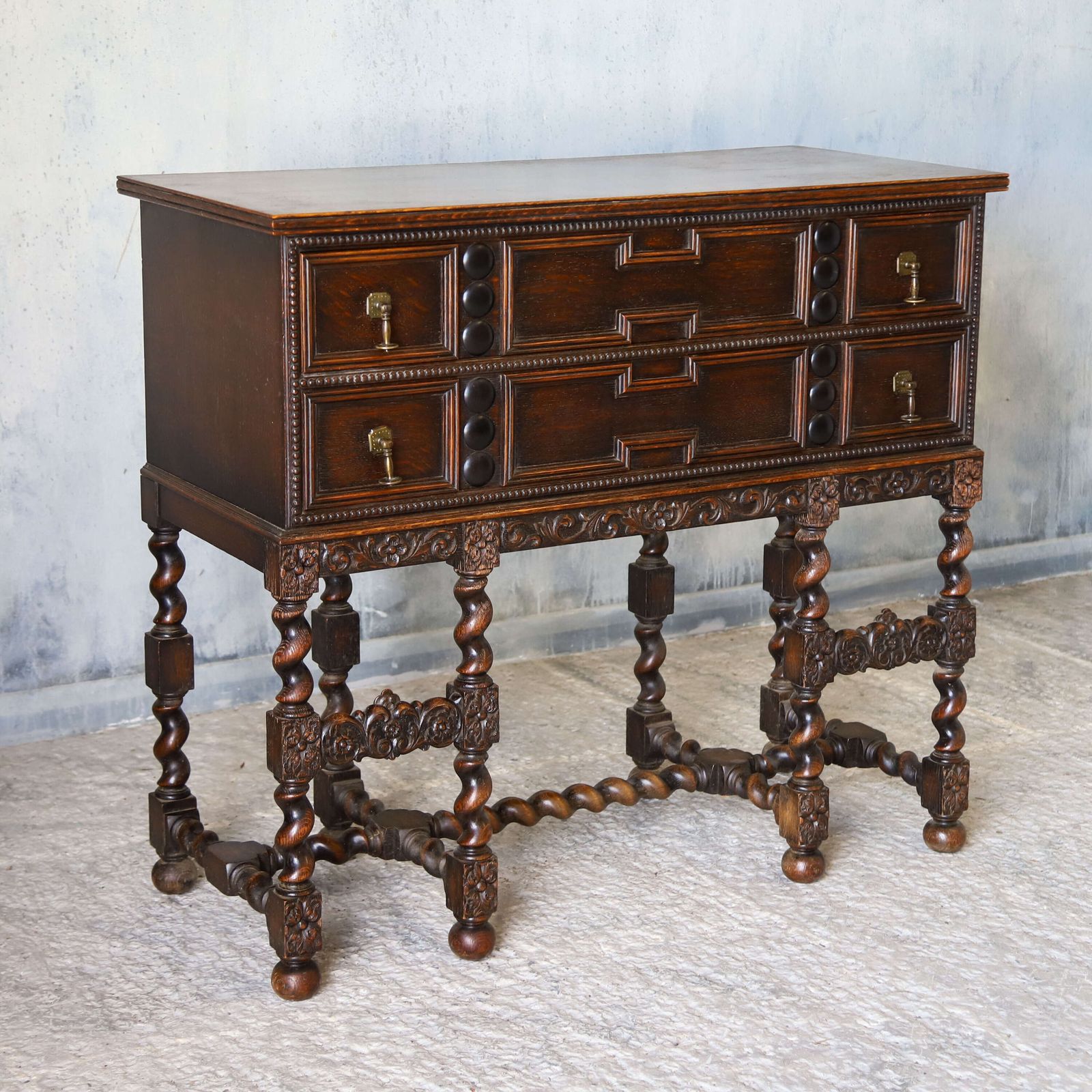 1930s English Oak Sideboard   Carolean Revival   Finely Carved With Barley Twist Supports photo Furniture