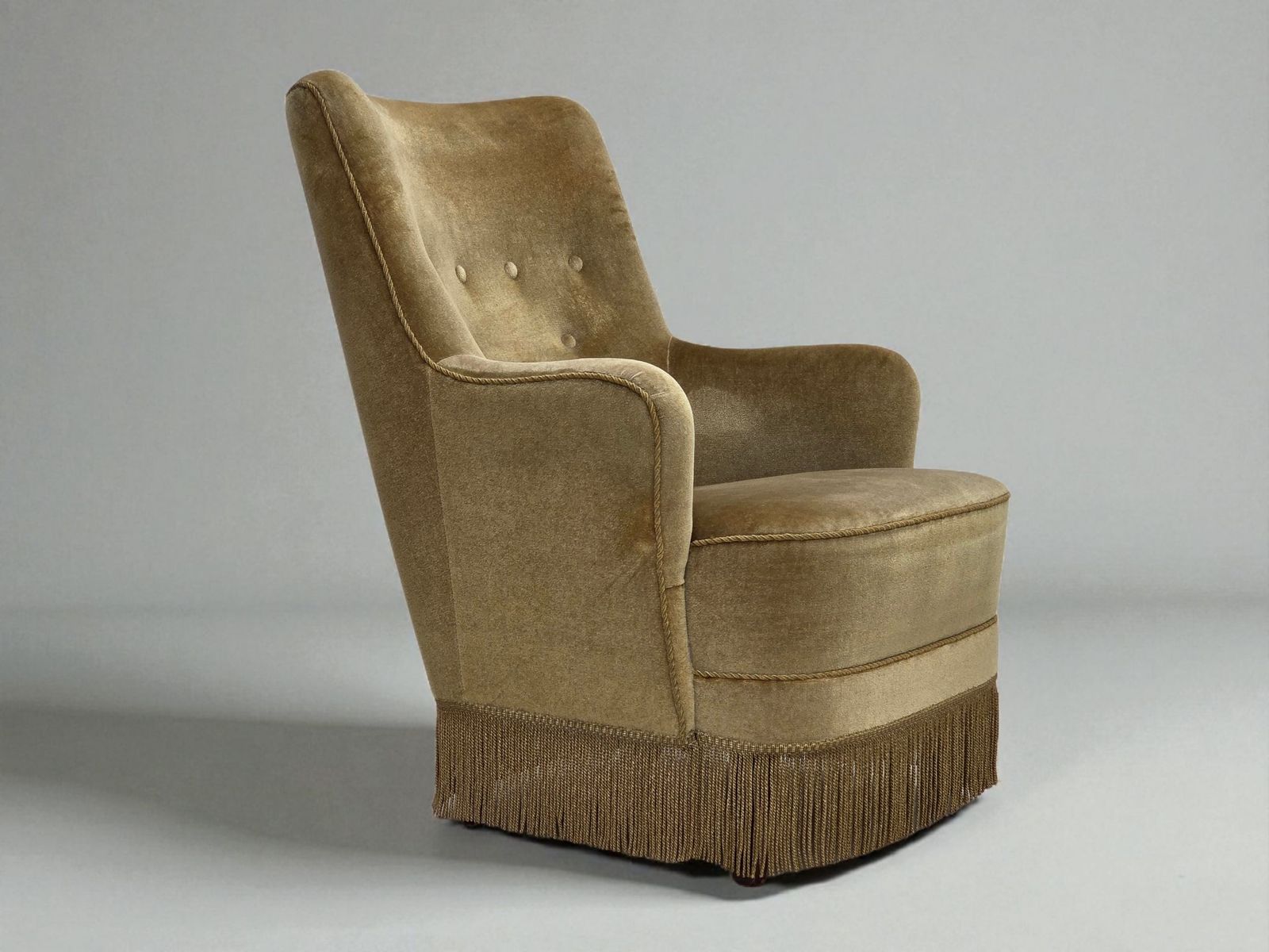 1970s, Danish Highback Armchair, Light Green Furniture Velour.