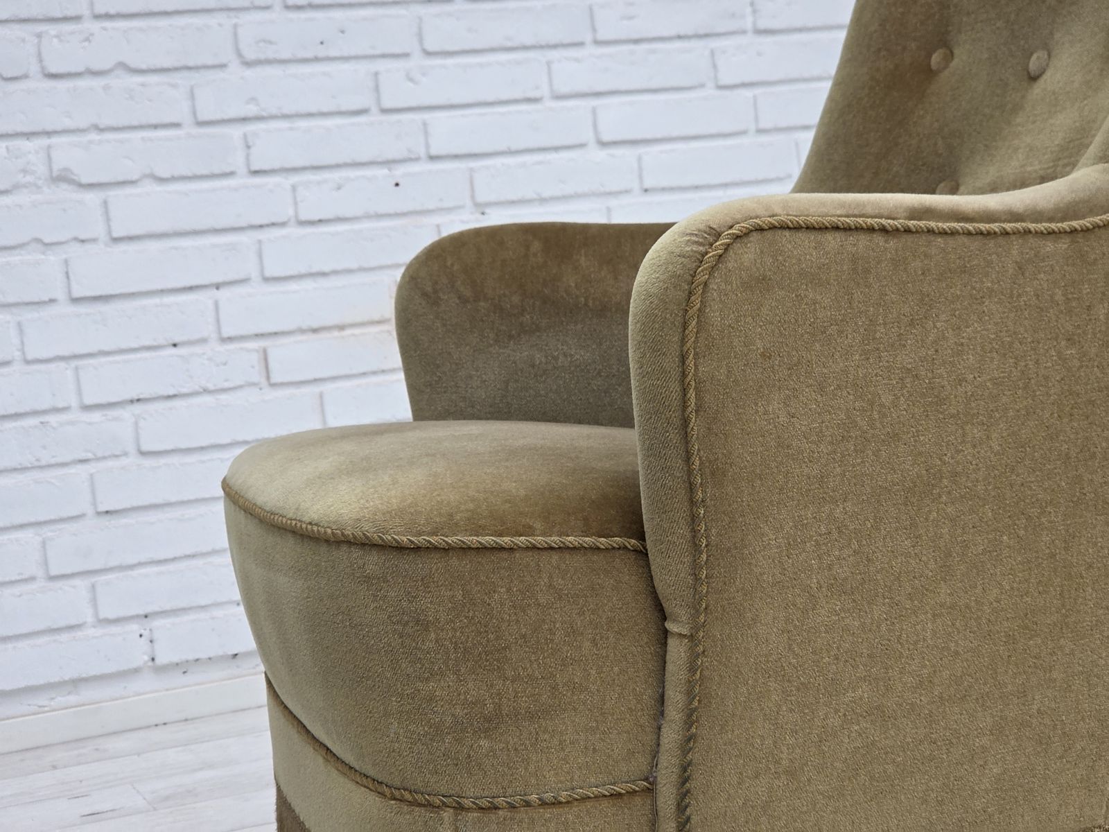 photo buy 1970s, Danish Highback Armchair, Light Green Furniture Velour.