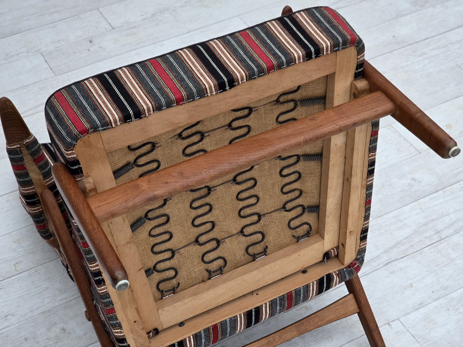 1960s, Swedish Armchair, Striped Furniture Wool Fabric, Oak Wood, Teak Wood. photo for sale
