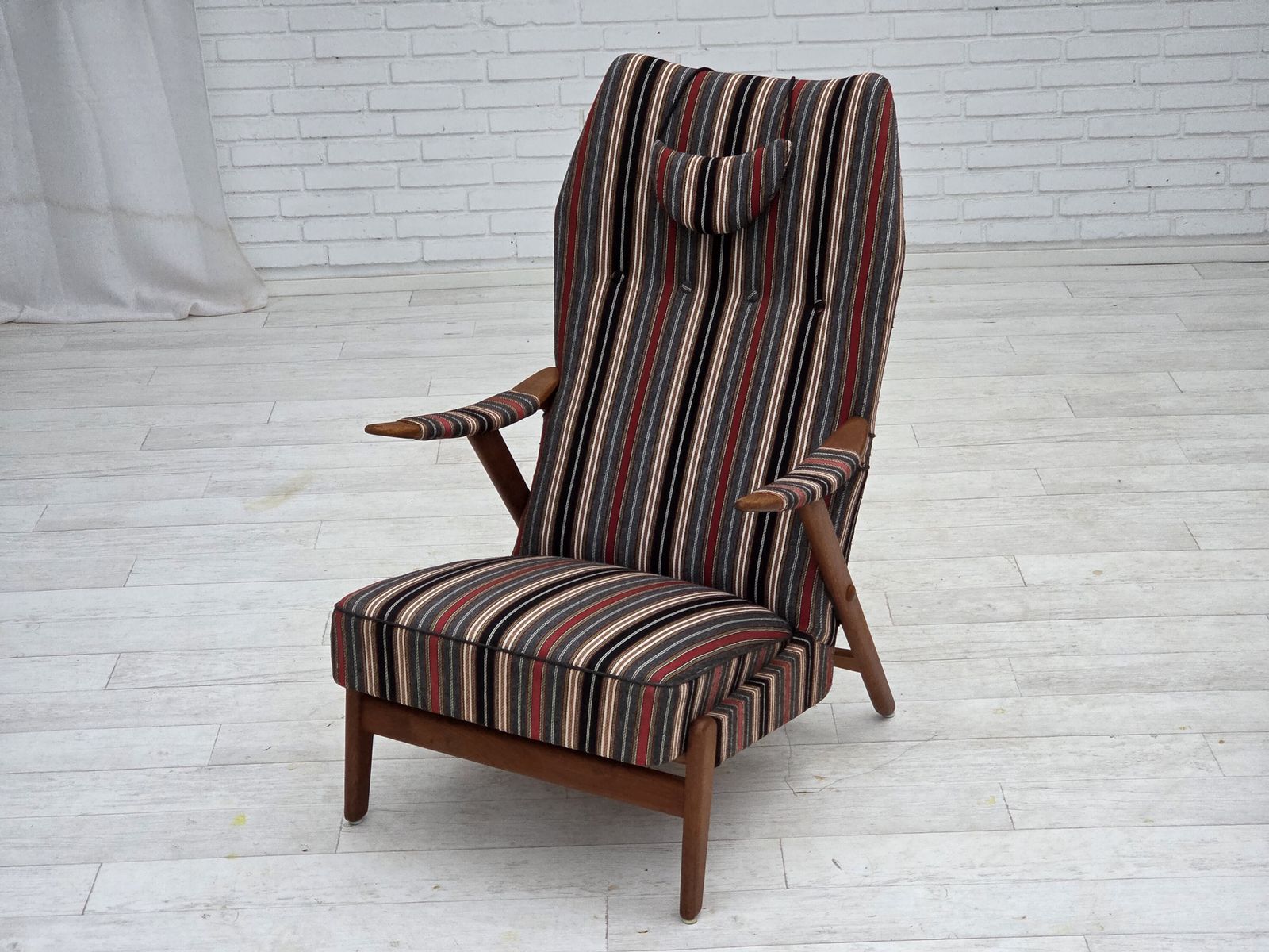 1960s, Swedish Armchair, Striped Furniture Wool Fabric, Oak Wood, Teak Wood. photo vintage