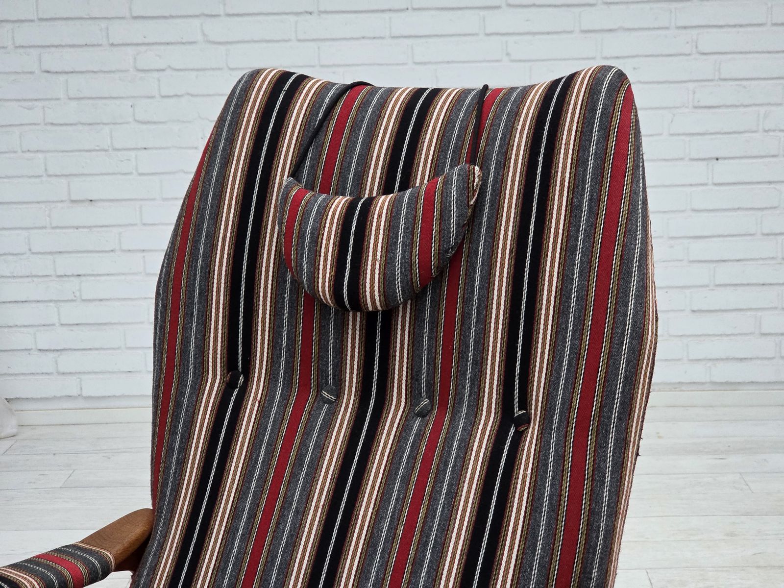 photo buy 1960s, Swedish Armchair, Striped Furniture Wool Fabric, Oak Wood, Teak Wood.
